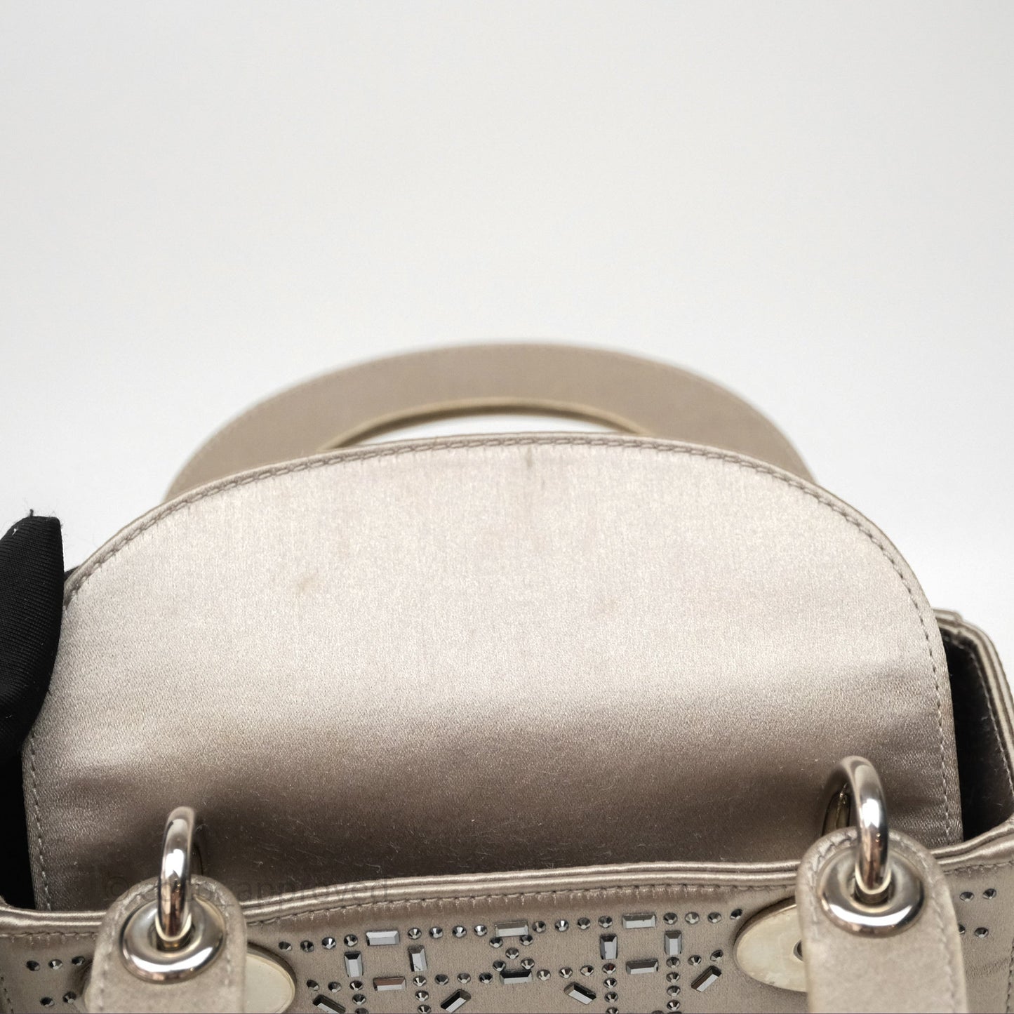 Christian Dior Mini Lady Dior Bag Grey Strass Cannage Satin Silver Hardware