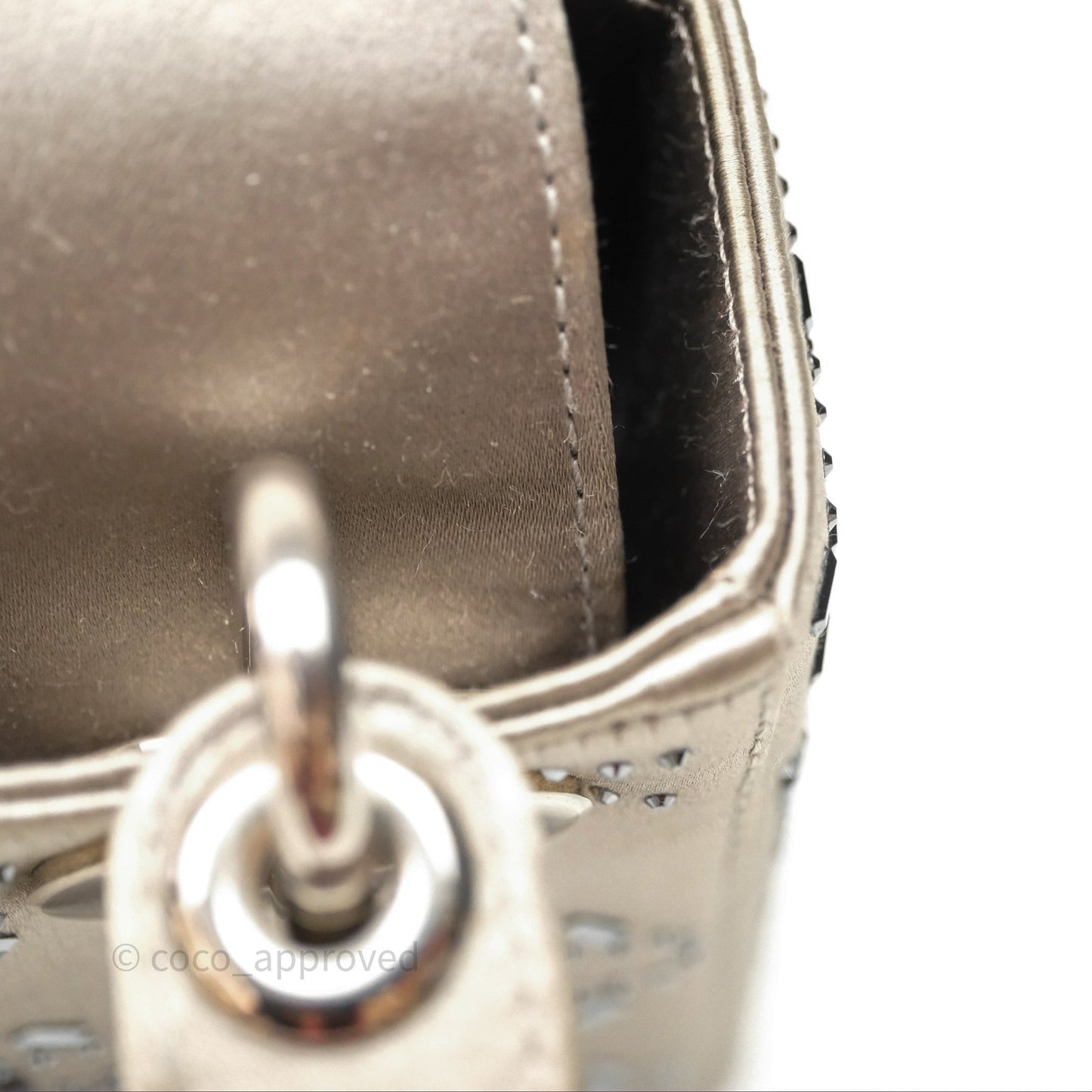 Christian Dior Mini Lady Dior Bag Grey Strass Cannage Satin Silver Hardware