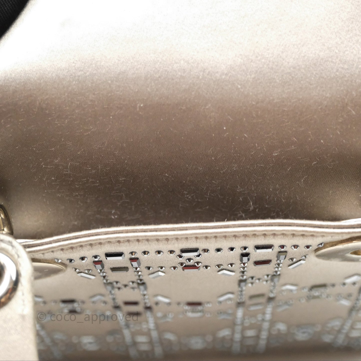 Christian Dior Mini Lady Dior Bag Grey Strass Cannage Satin Silver Hardware