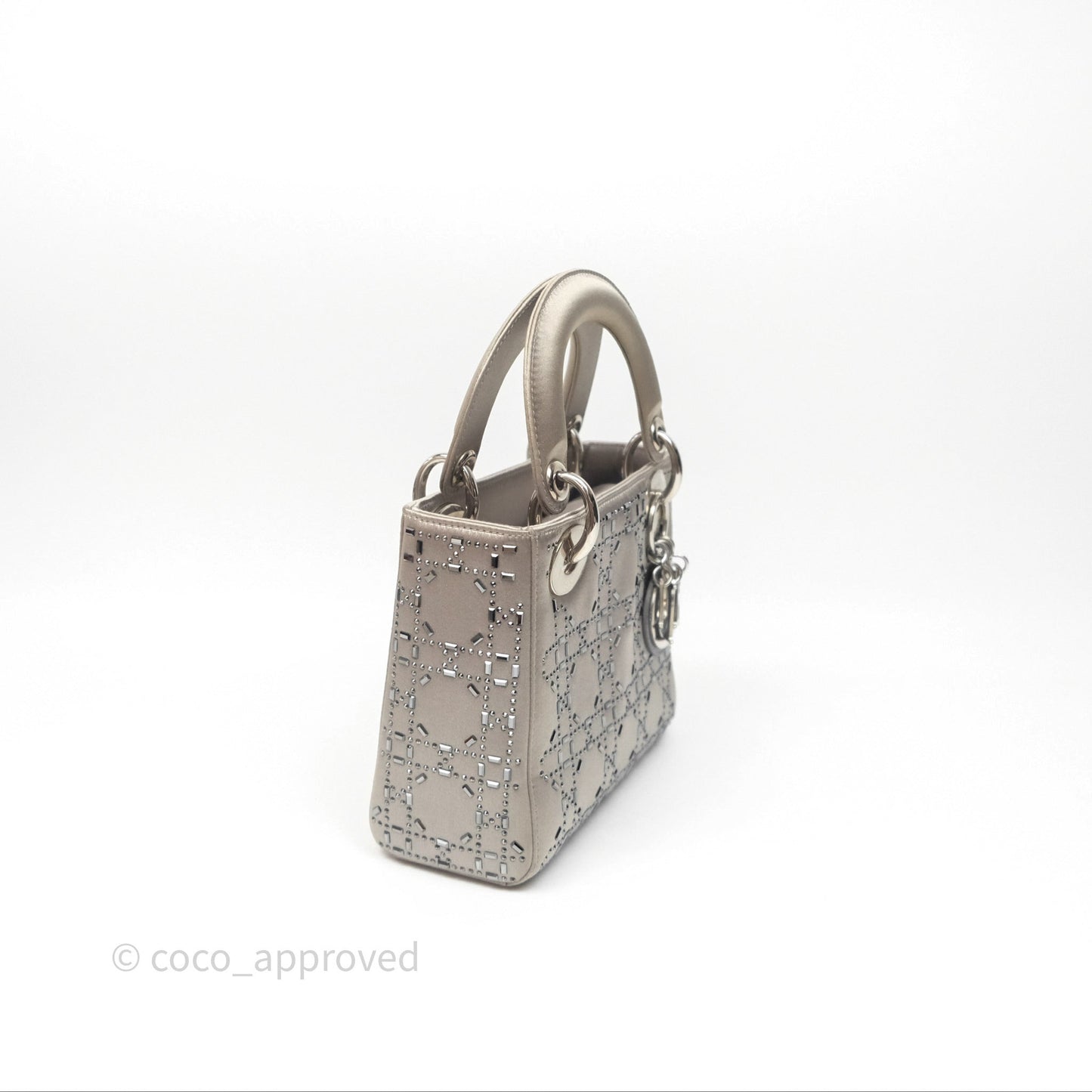Christian Dior Mini Lady Dior Bag Grey Strass Cannage Satin Silver Hardware