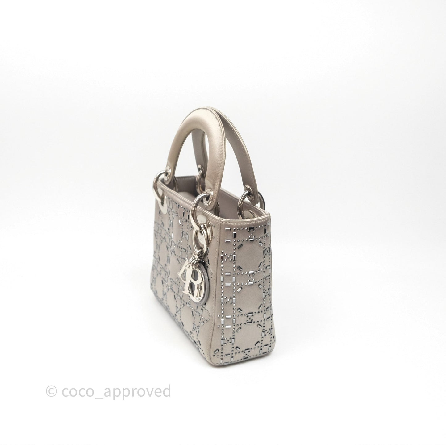 Christian Dior Mini Lady Dior Bag Grey Strass Cannage Satin Silver Hardware