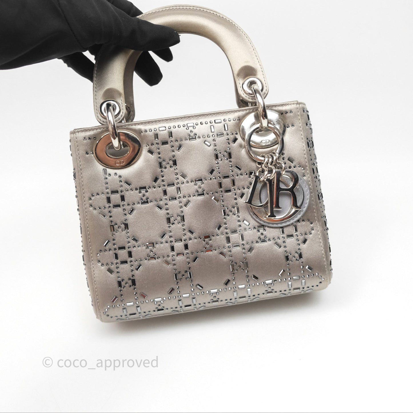 Christian Dior Mini Lady Dior Bag Grey Strass Cannage Satin Silver Hardware