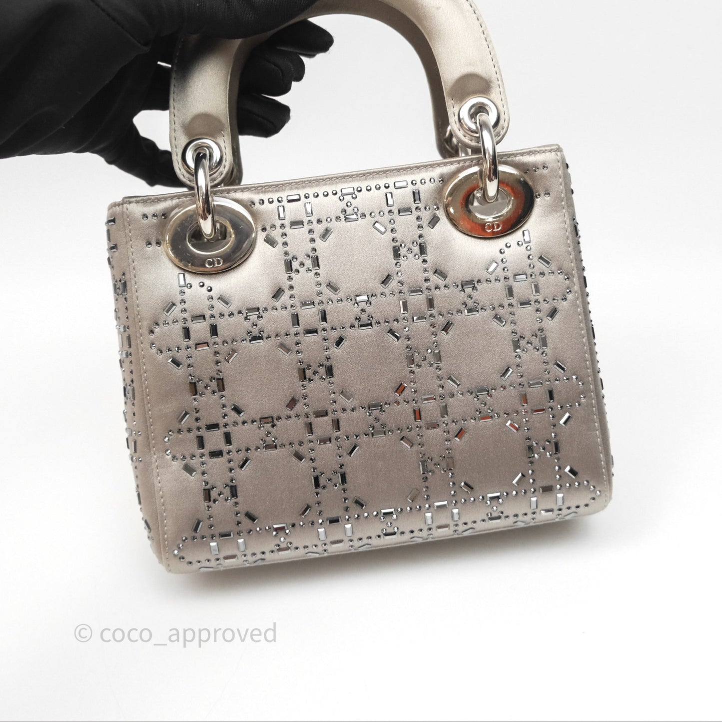 Christian Dior Mini Lady Dior Bag Grey Strass Cannage Satin Silver Hardware