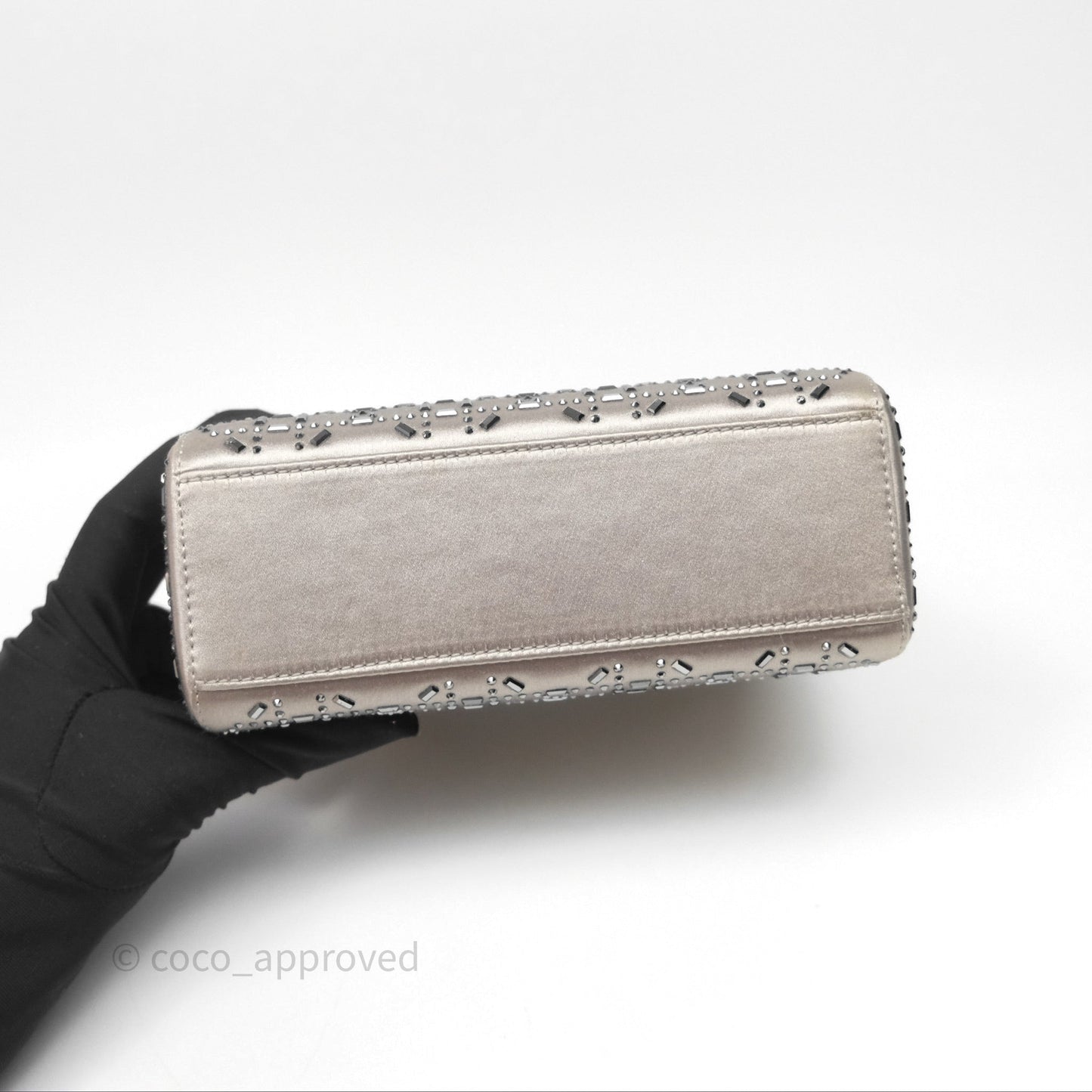 Christian Dior Mini Lady Dior Bag Grey Strass Cannage Satin Silver Hardware