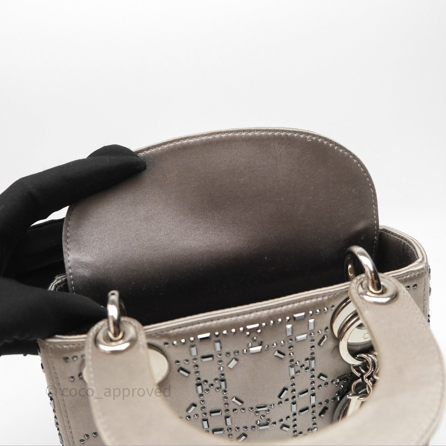 Christian Dior Mini Lady Dior Bag Grey Strass Cannage Satin Silver Hardware