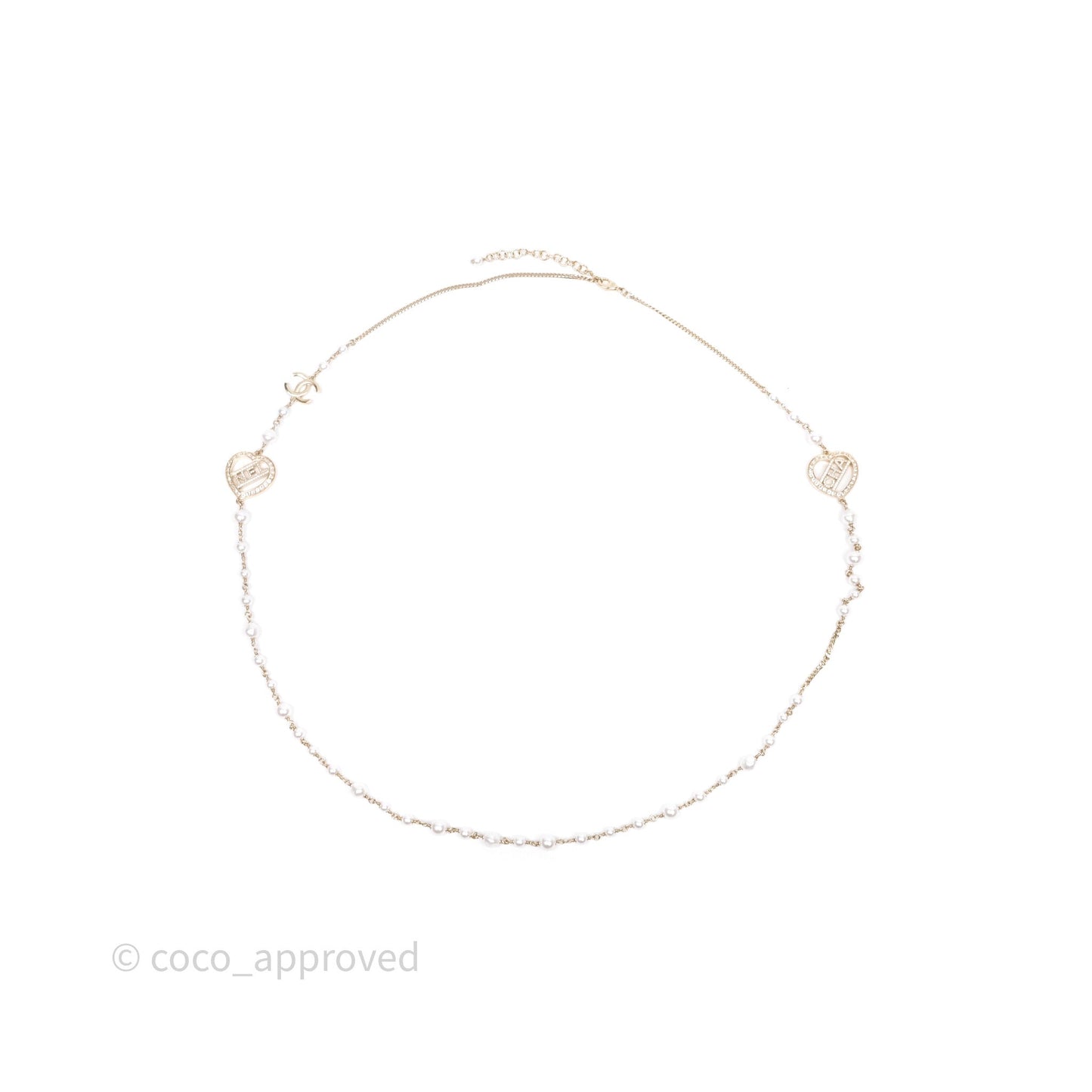 Chanel CC Pearl Crystal Heart Long Necklace Gold Tone 23B
