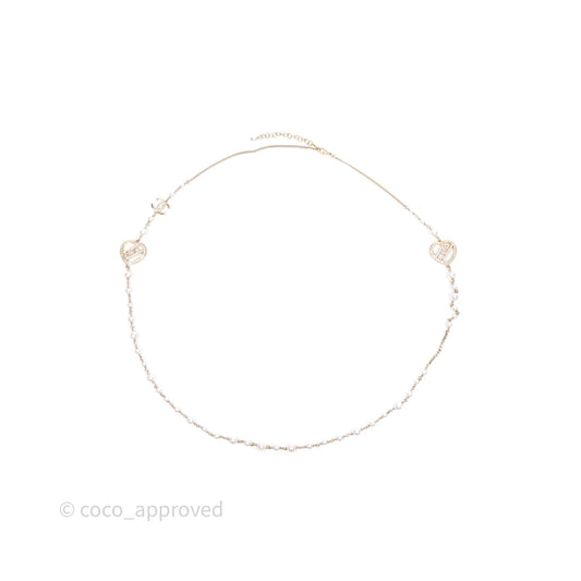 Chanel CC Pearl Crystal Heart Long Necklace Gold Tone 23B