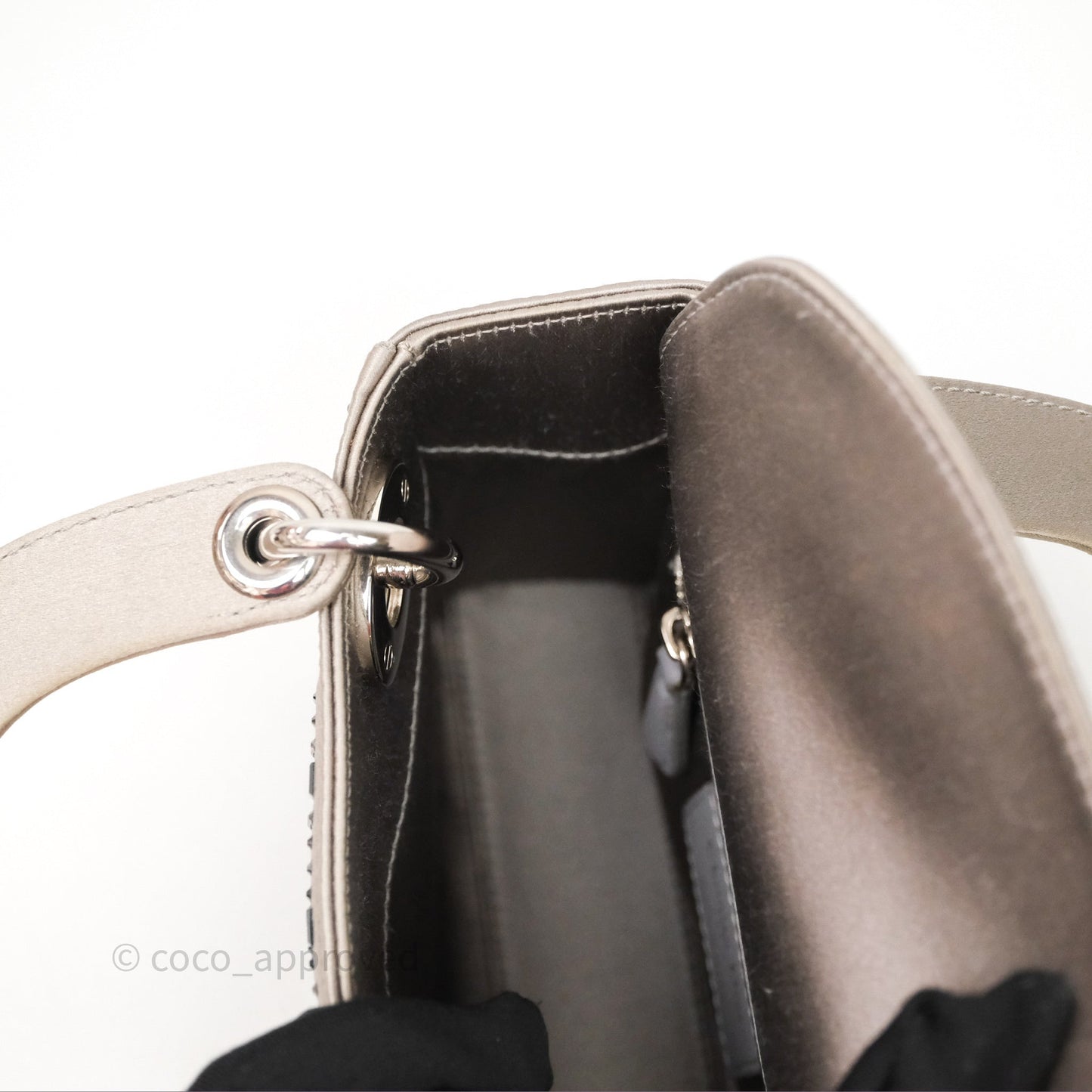 Christian Dior Mini Lady Dior Bag Grey Strass Cannage Satin Silver Hardware