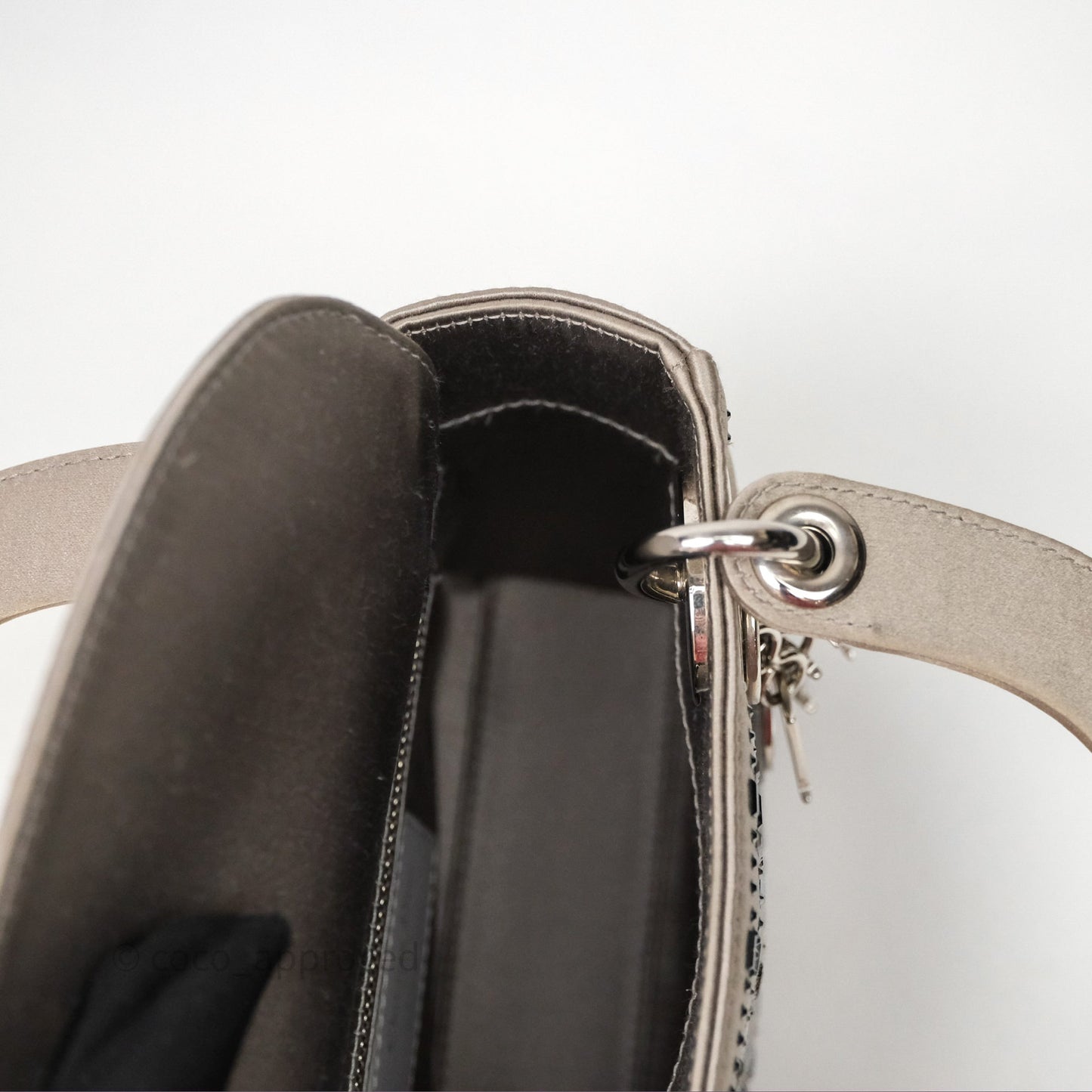 Christian Dior Mini Lady Dior Bag Grey Strass Cannage Satin Silver Hardware