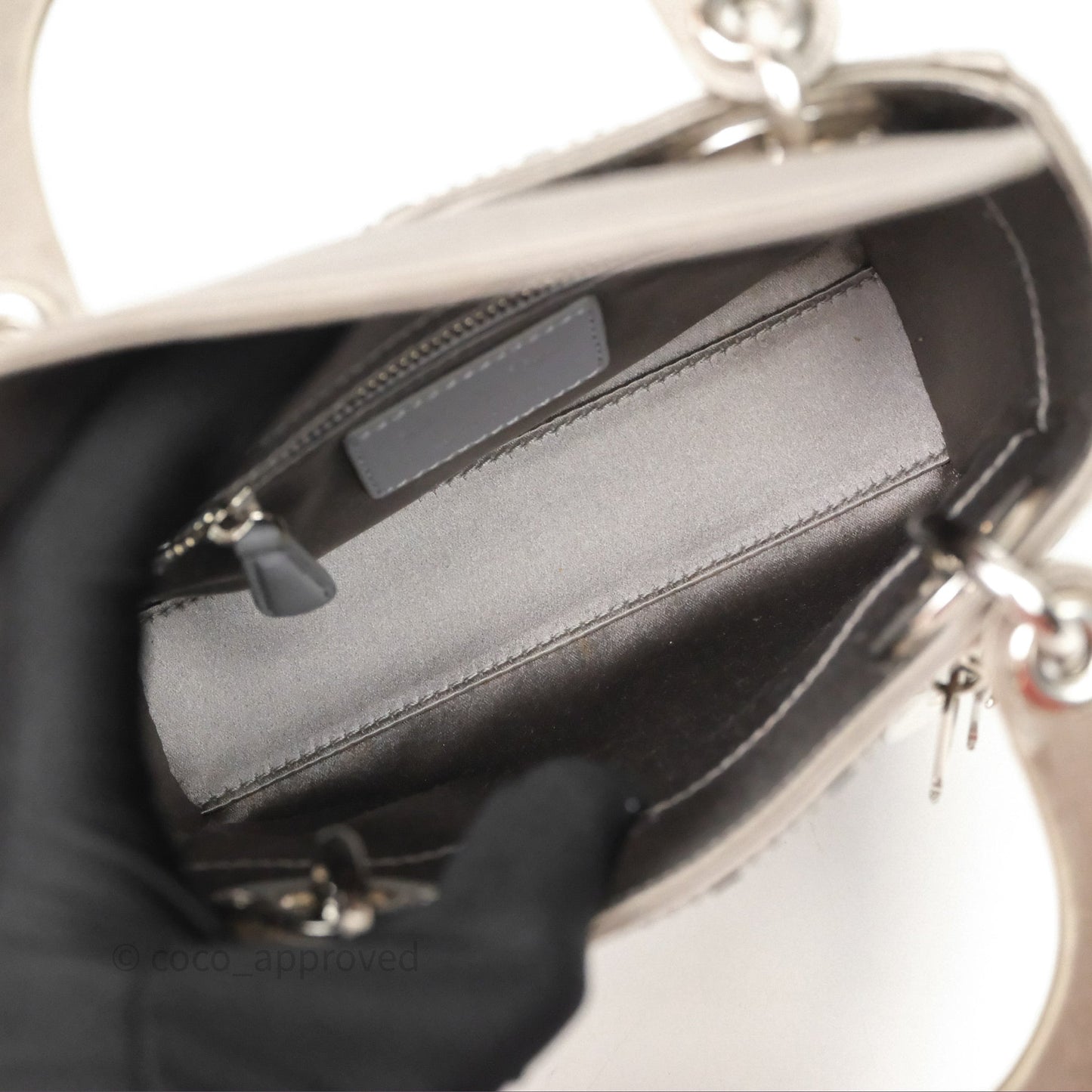 Christian Dior Mini Lady Dior Bag Grey Strass Cannage Satin Silver Hardware