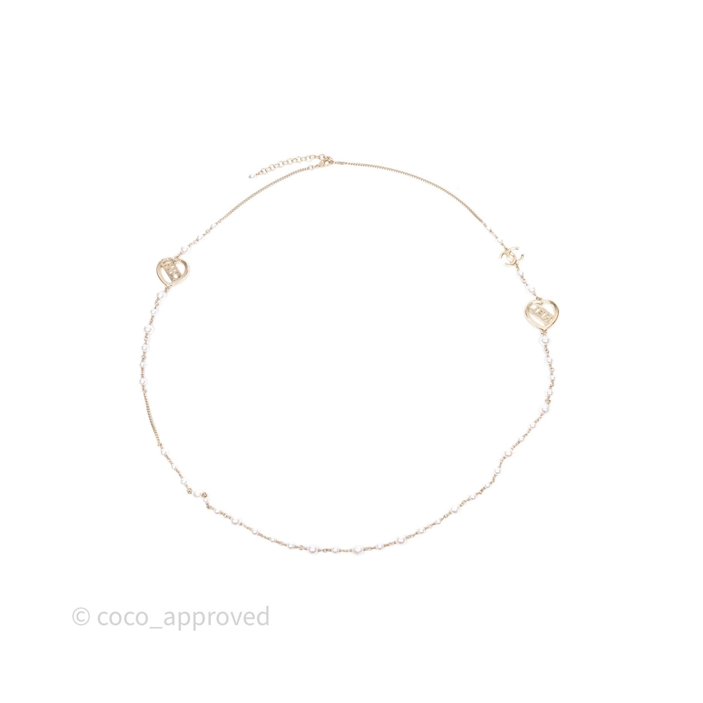 Chanel CC Pearl Crystal Heart Long Necklace Gold Tone 23B