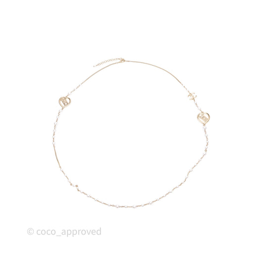 Chanel CC Pearl Crystal Heart Long Necklace Gold Tone 23B