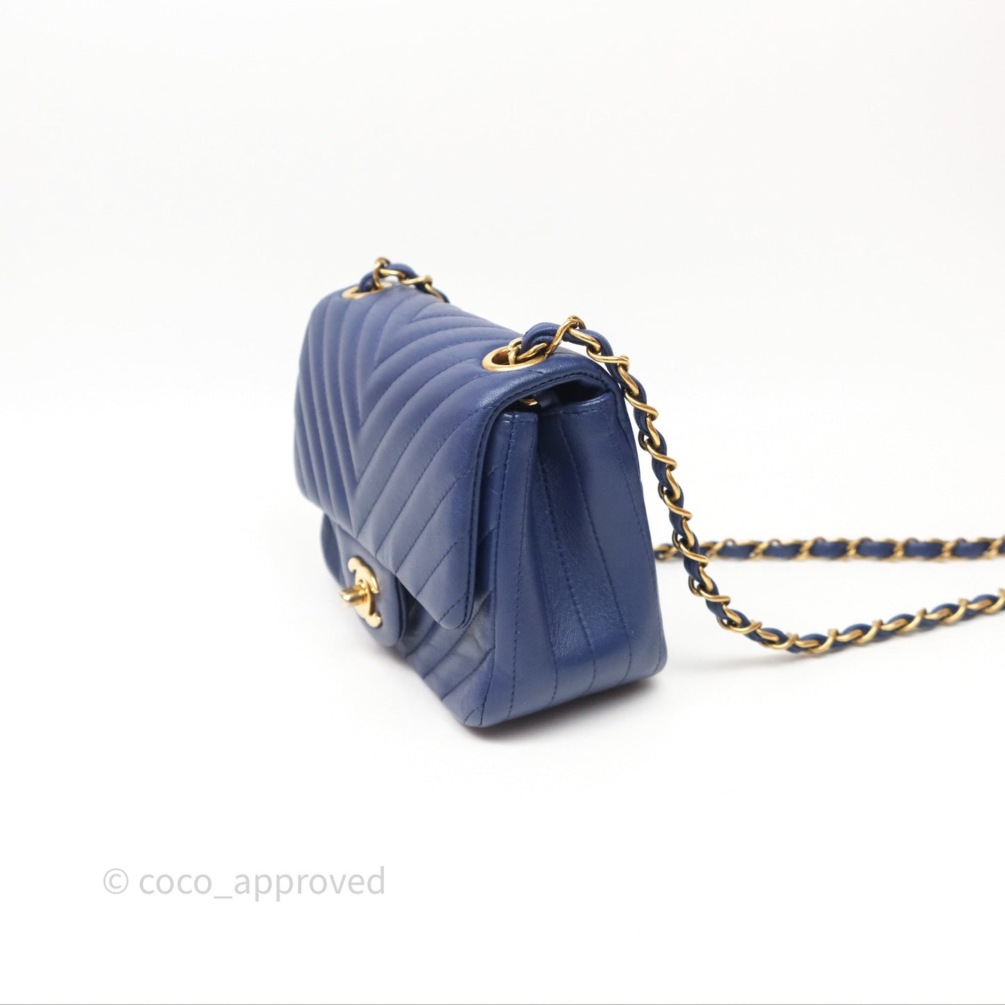 Chanel Mini Square Chevron Navy Lambskin Gold Hardware