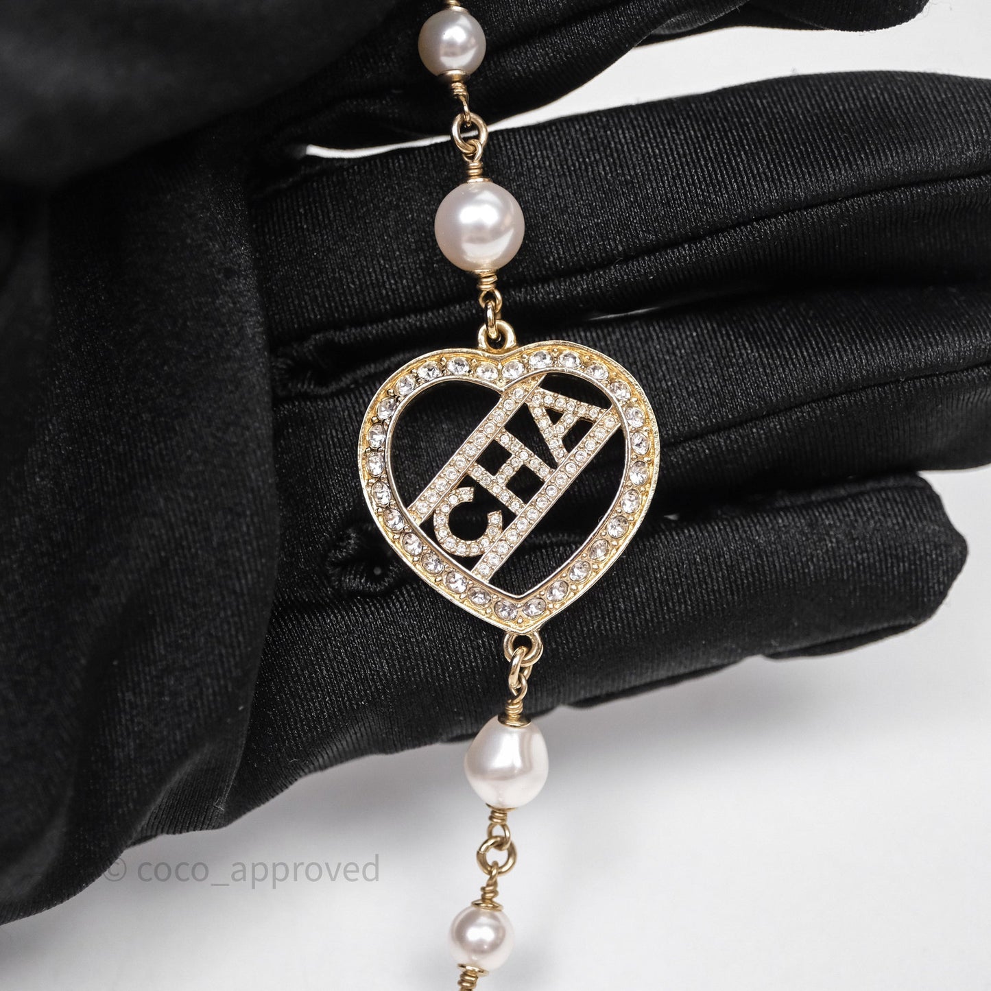 Chanel CC Pearl Crystal Heart Long Necklace Gold Tone 23B