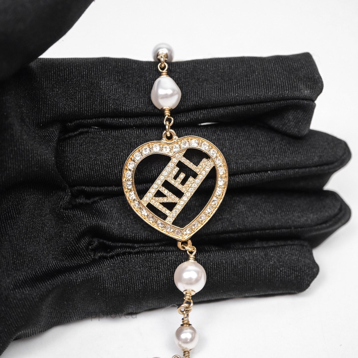 Chanel CC Pearl Crystal Heart Long Necklace Gold Tone 23B