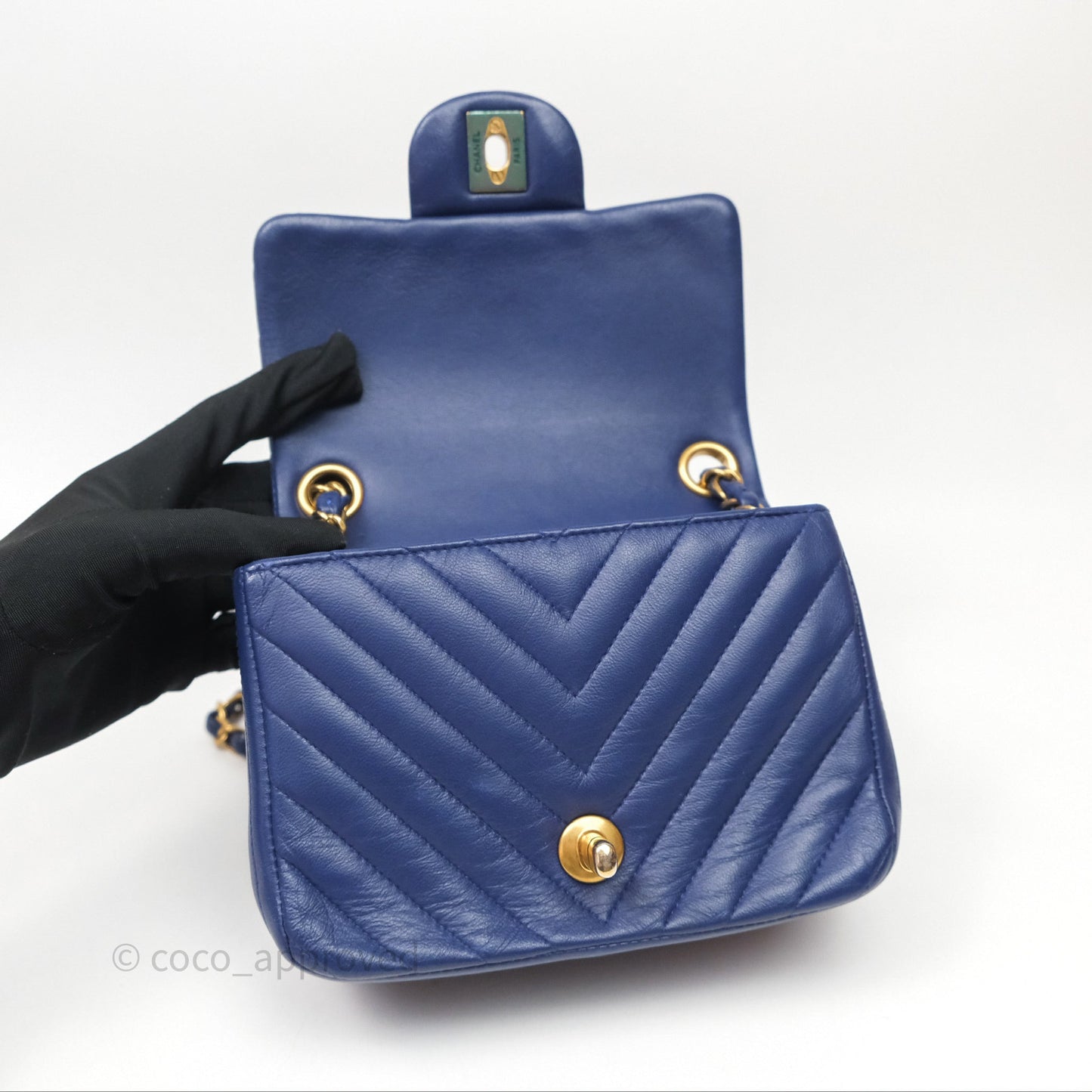 Chanel Mini Square Chevron Navy Lambskin Gold Hardware