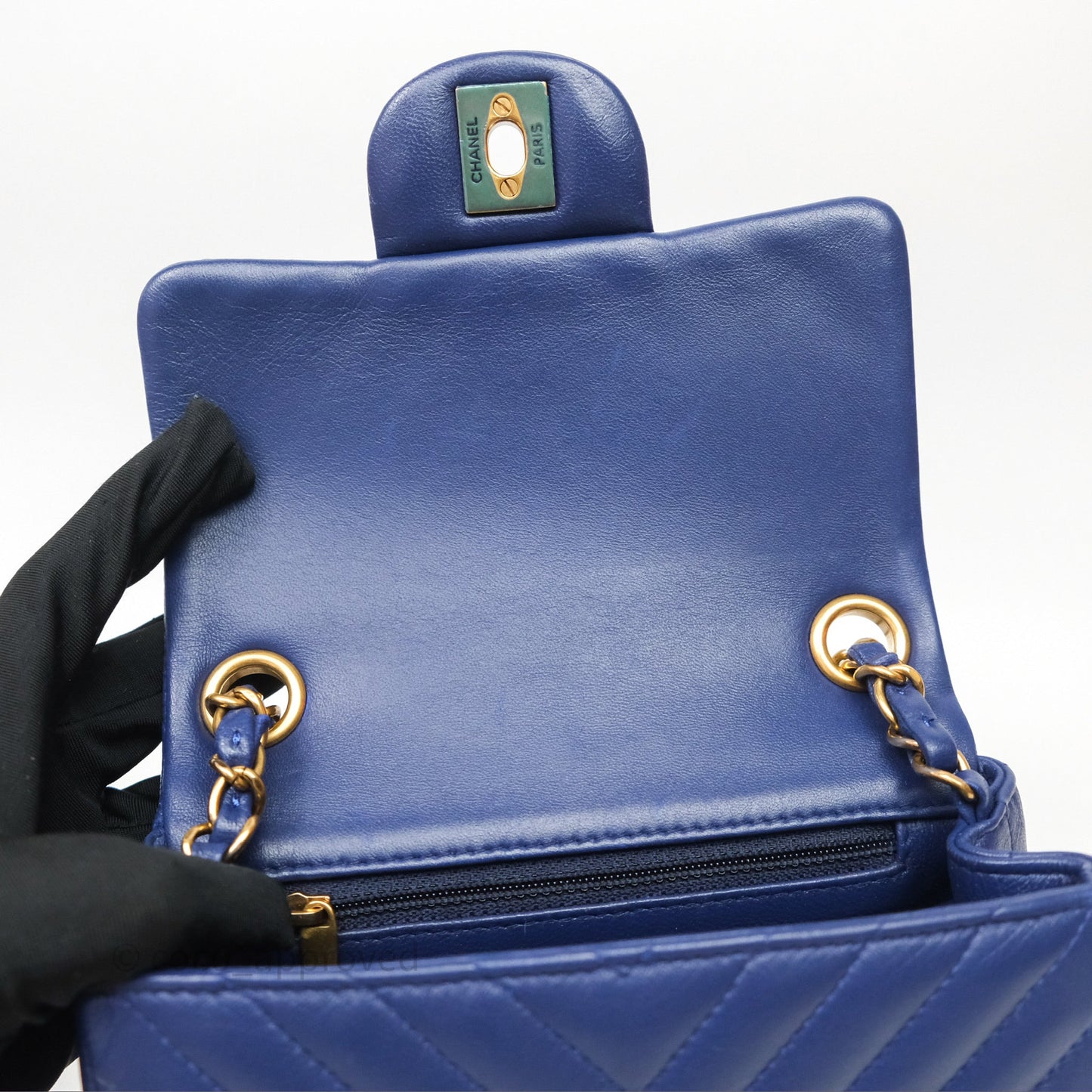 Chanel Mini Square Chevron Navy Lambskin Gold Hardware