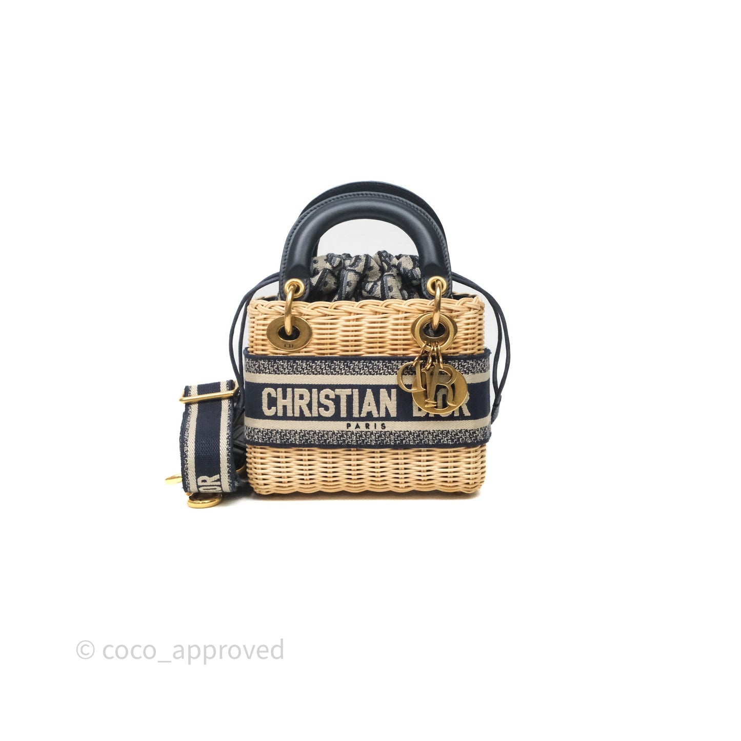 Christian Dior Small Lady Dior Natural Rattan and Blue Dior Oblique Jacquard