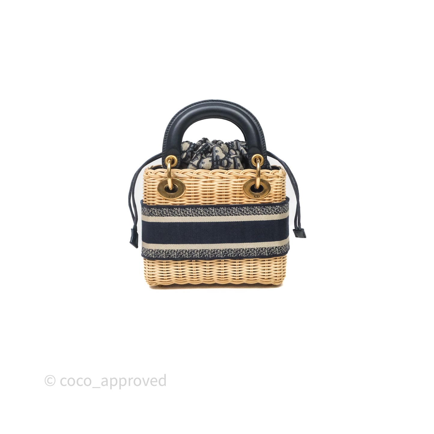 Christian Dior Small Lady Dior Natural Rattan and Blue Dior Oblique Jacquard