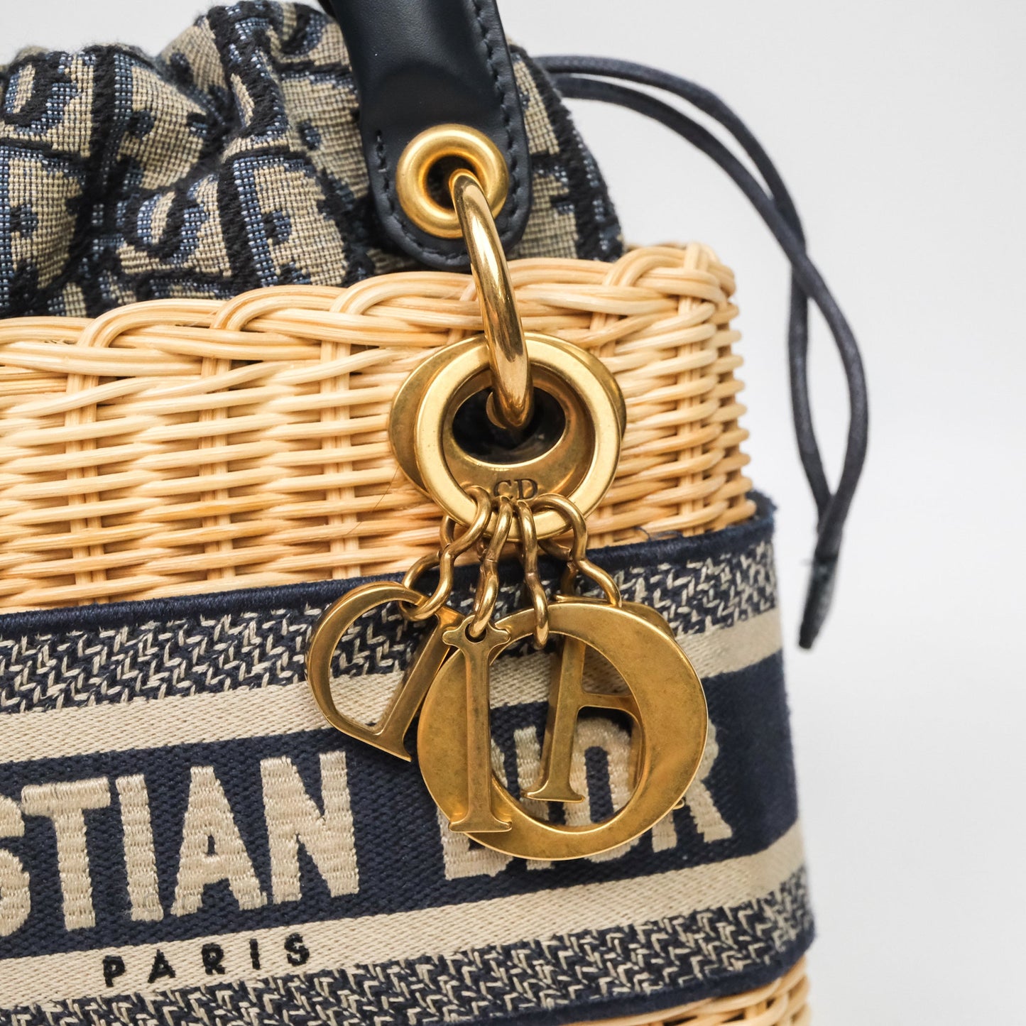 Christian Dior Small Lady Dior Natural Rattan and Blue Dior Oblique Jacquard