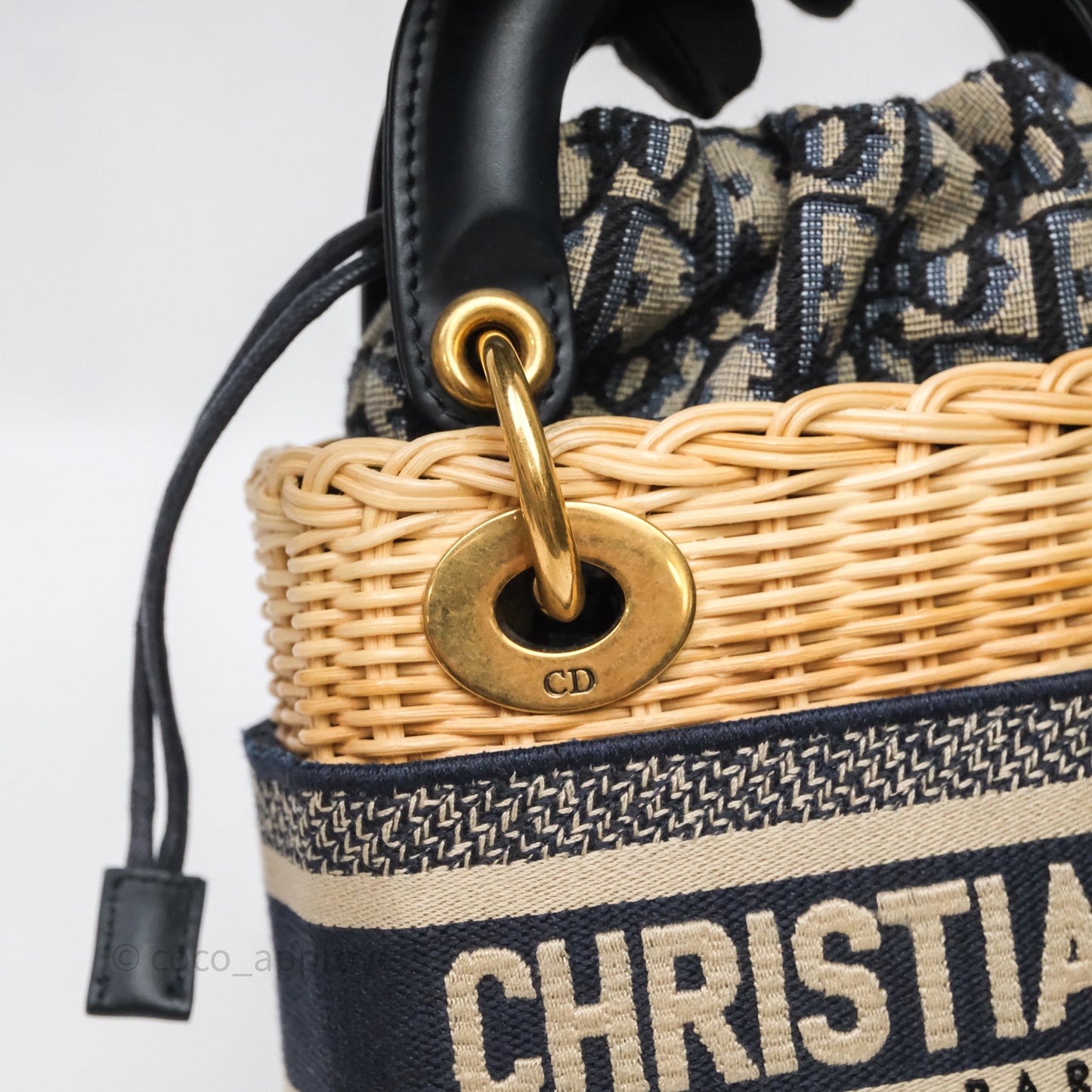 Christian Dior Small Lady Dior Natural Rattan and Blue Dior Oblique Jacquard