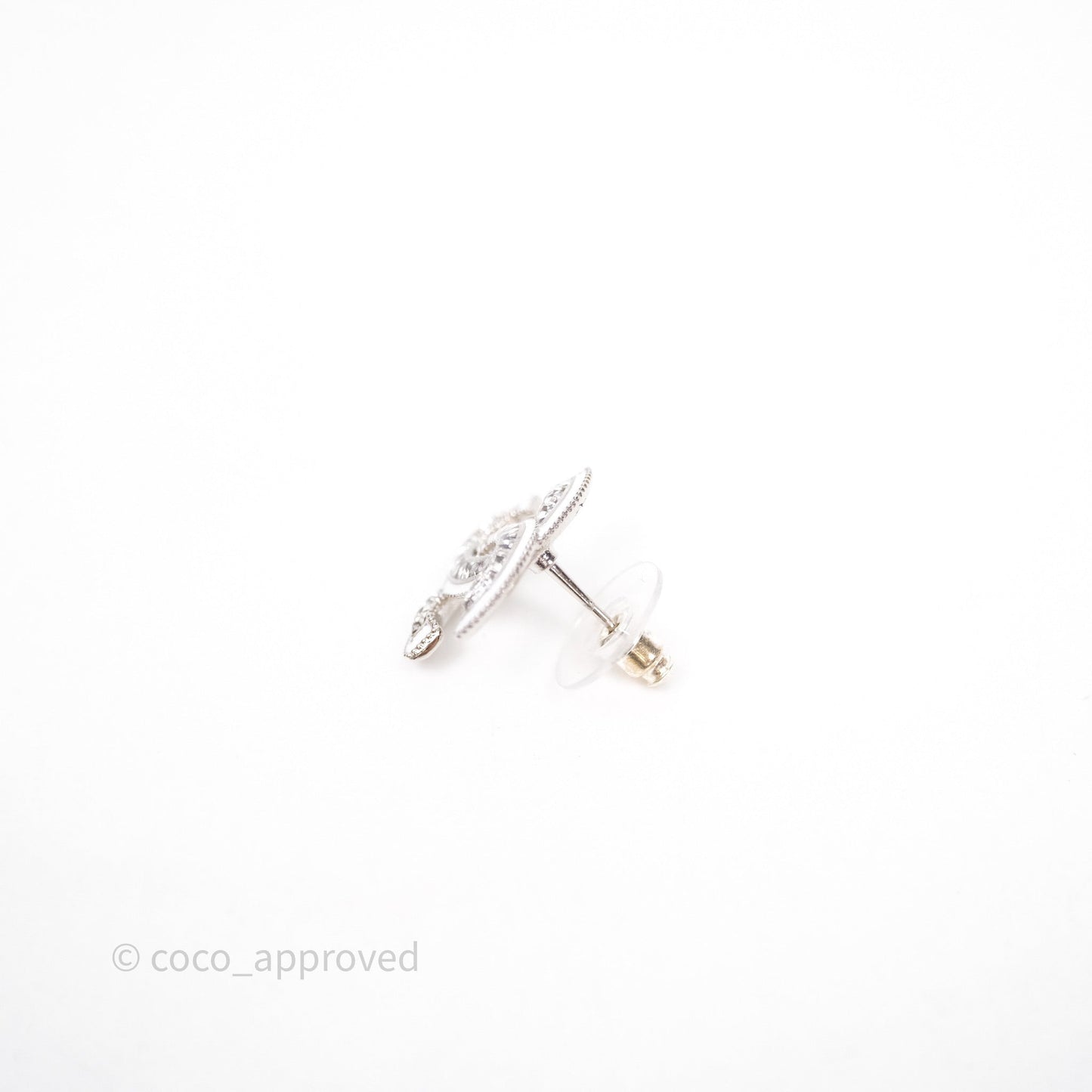 Chanel CC Crystal White Earrings Silver Tone 25C