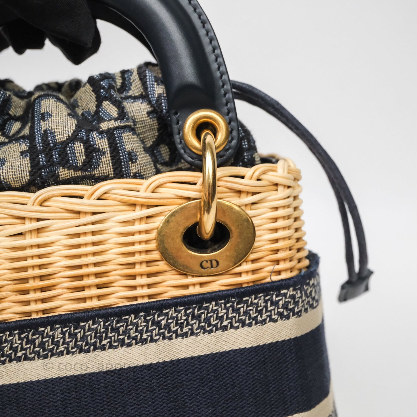 Christian Dior Small Lady Dior Natural Rattan and Blue Dior Oblique Jacquard
