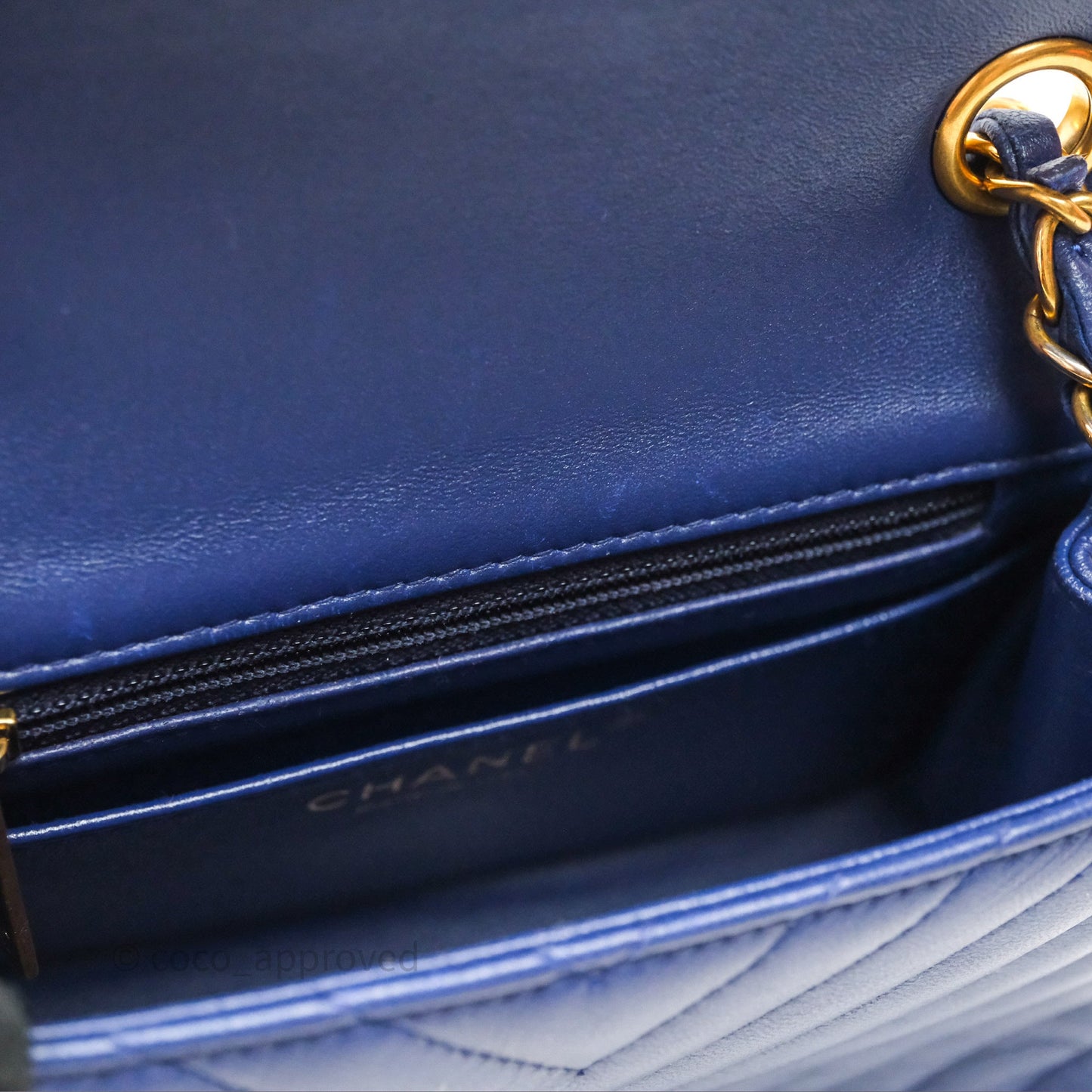 Chanel Mini Square Chevron Navy Lambskin Gold Hardware