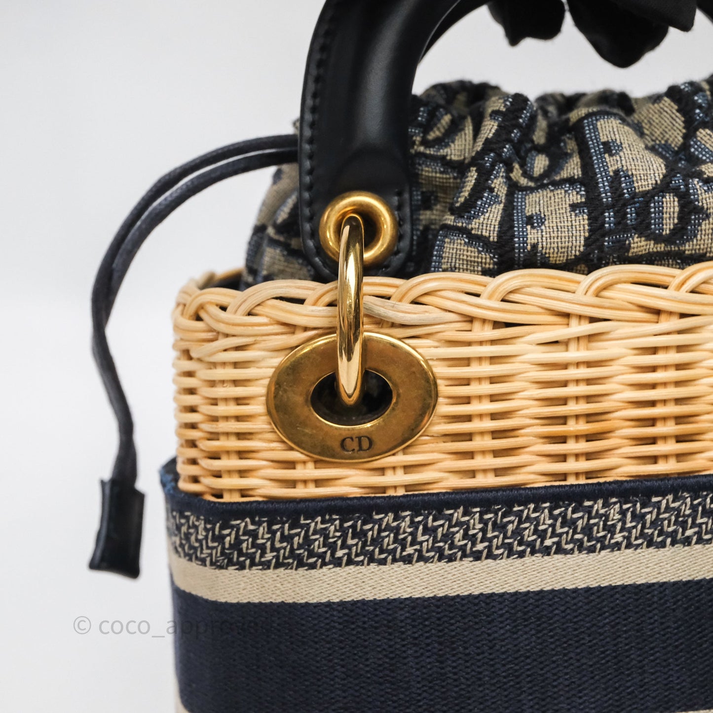 Christian Dior Small Lady Dior Natural Rattan and Blue Dior Oblique Jacquard