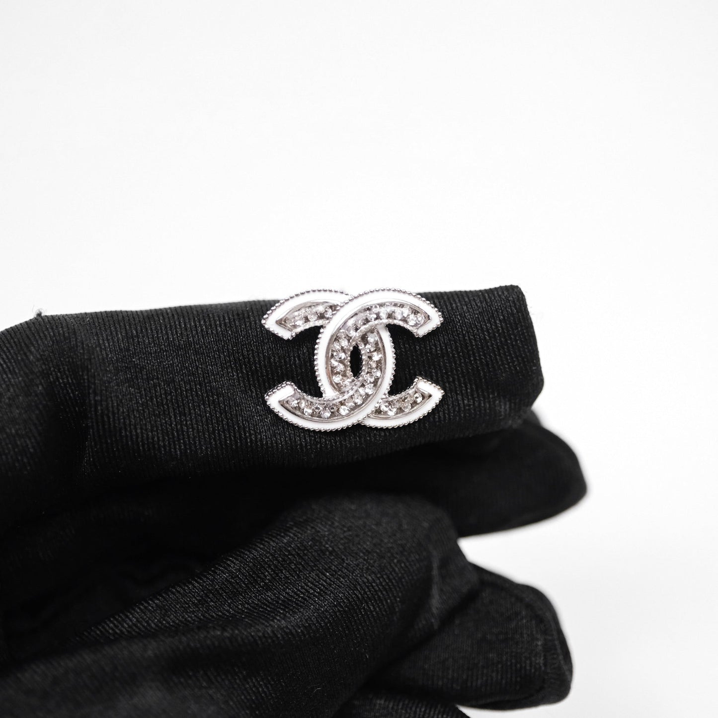 Chanel CC Crystal White Earrings Silver Tone 25C