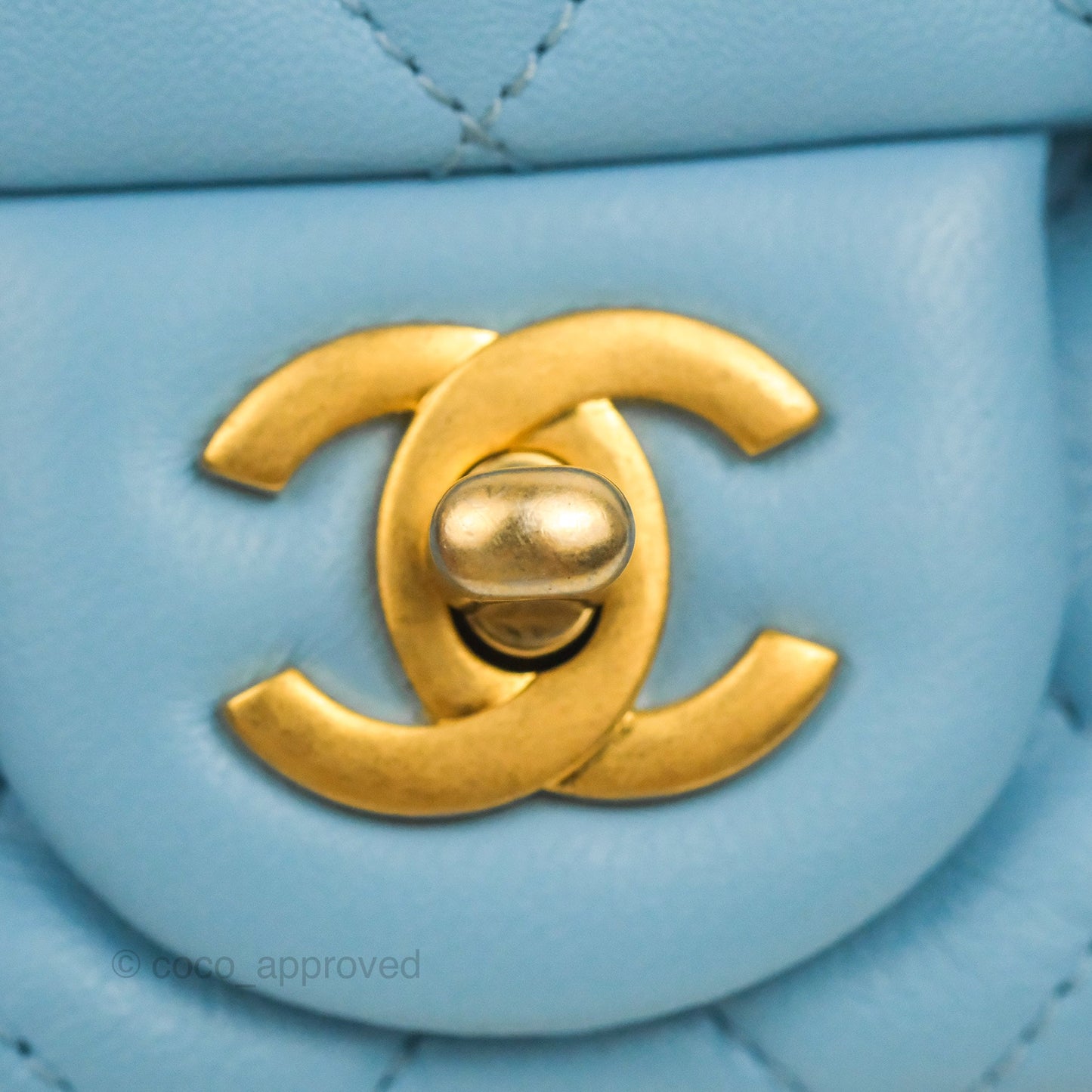 Chanel Mini Square Pearl Crush Light Blue Lambskin Aged Gold Hardware