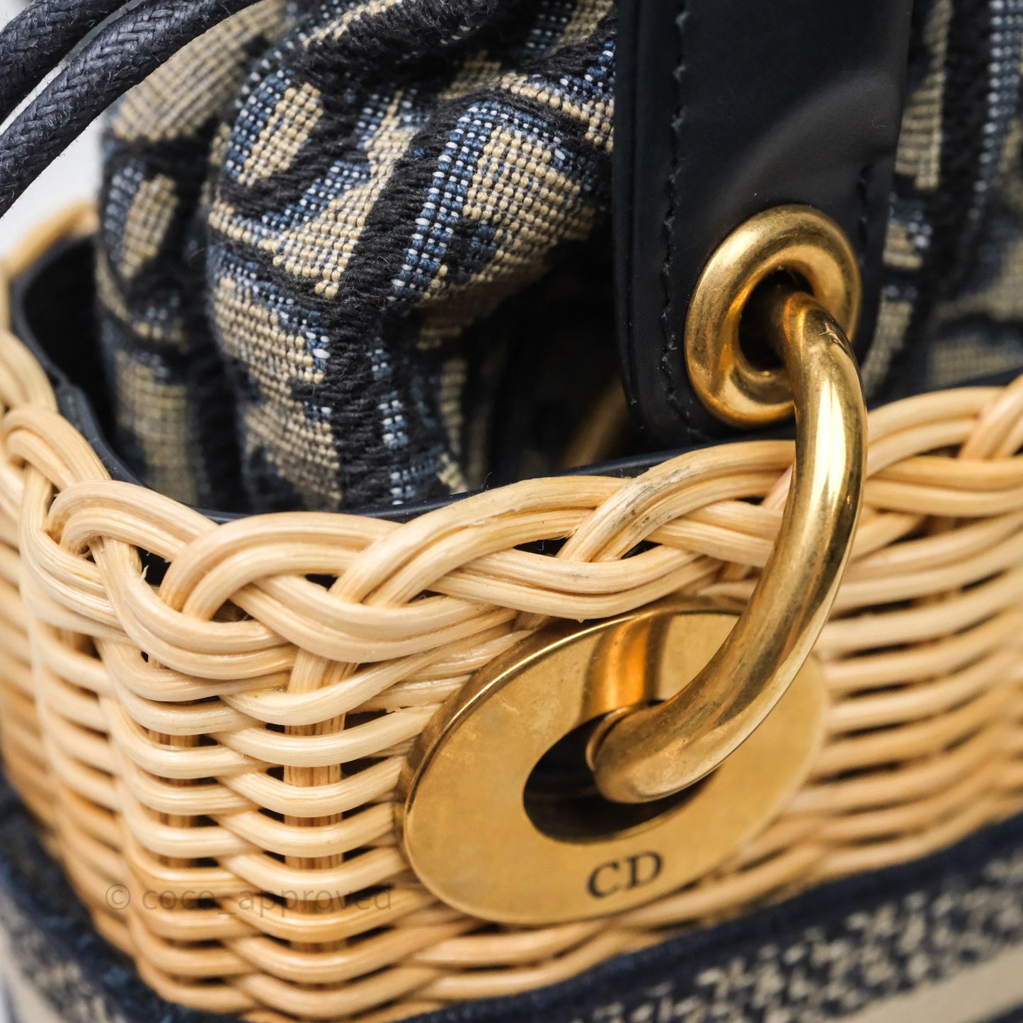 Christian Dior Small Lady Dior Natural Rattan and Blue Dior Oblique Jacquard