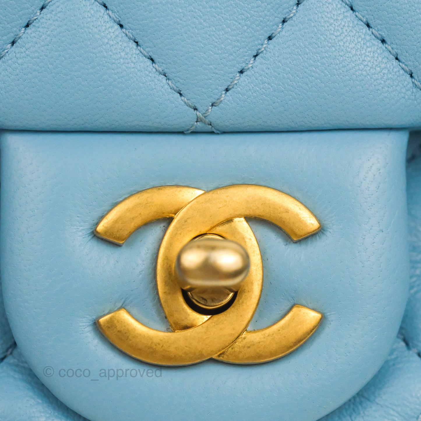 Chanel Mini Square Pearl Crush Light Blue Lambskin Aged Gold Hardware