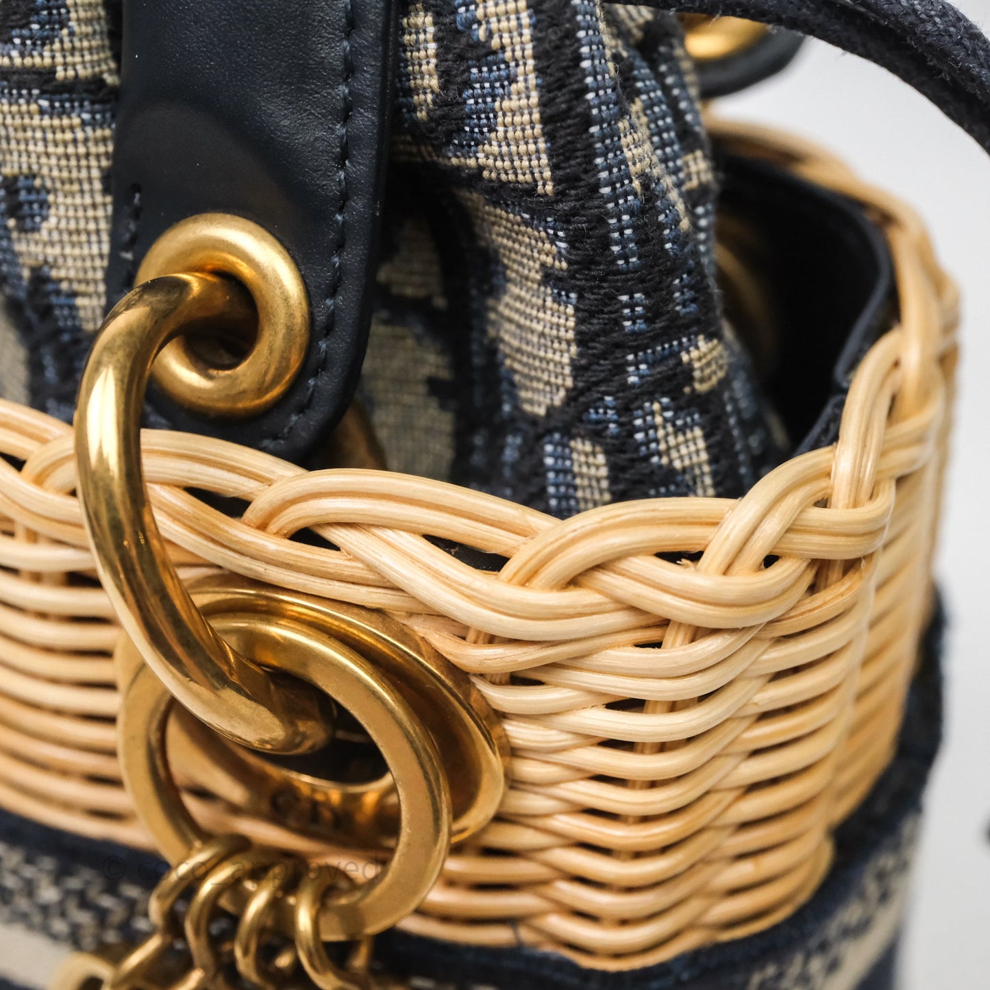 Christian Dior Small Lady Dior Natural Rattan and Blue Dior Oblique Jacquard