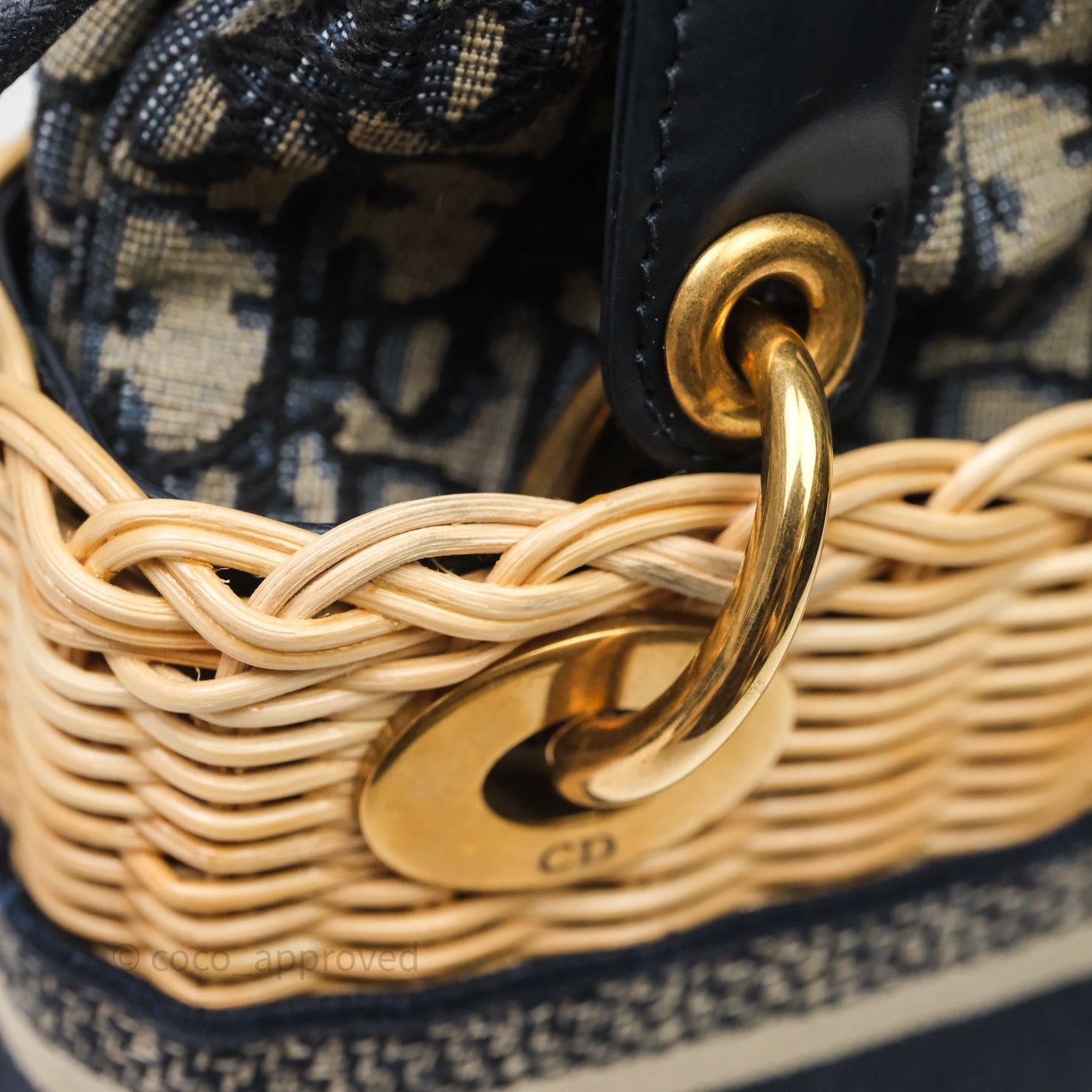 Christian Dior Small Lady Dior Natural Rattan and Blue Dior Oblique Jacquard