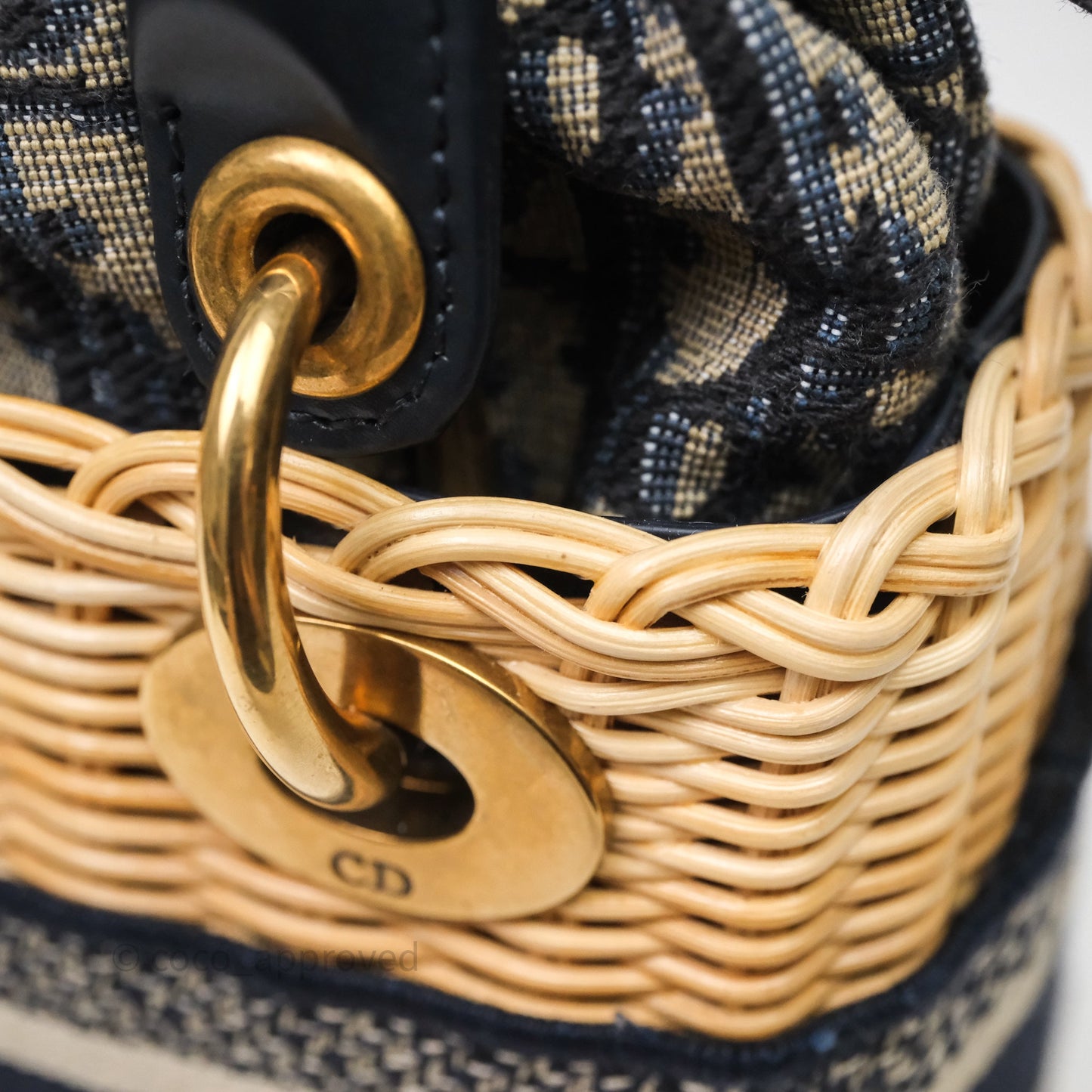 Christian Dior Small Lady Dior Natural Rattan and Blue Dior Oblique Jacquard