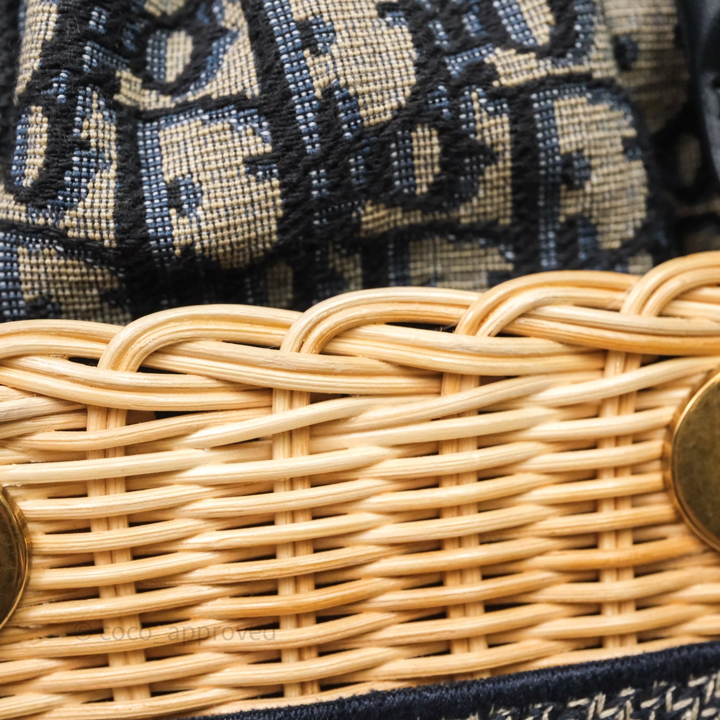 Christian Dior Small Lady Dior Natural Rattan and Blue Dior Oblique Jacquard