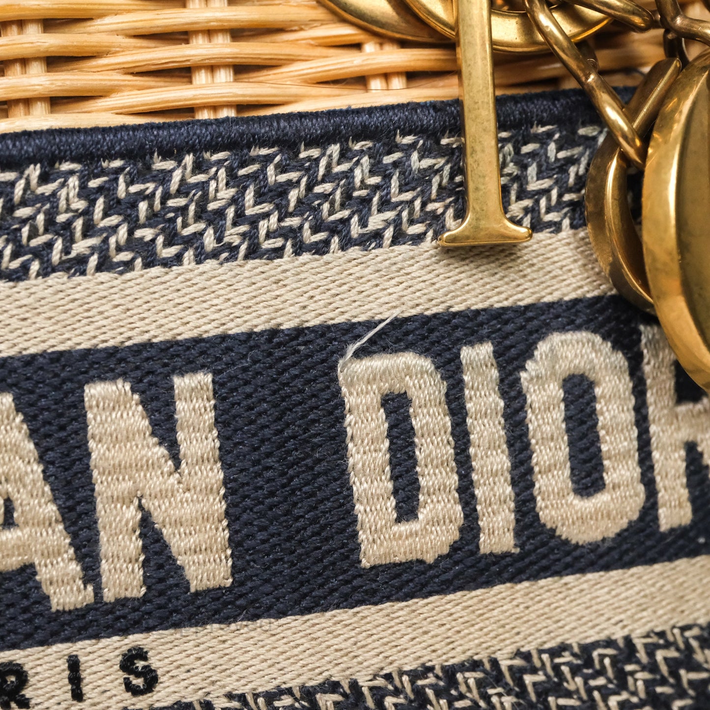 Christian Dior Small Lady Dior Natural Rattan and Blue Dior Oblique Jacquard