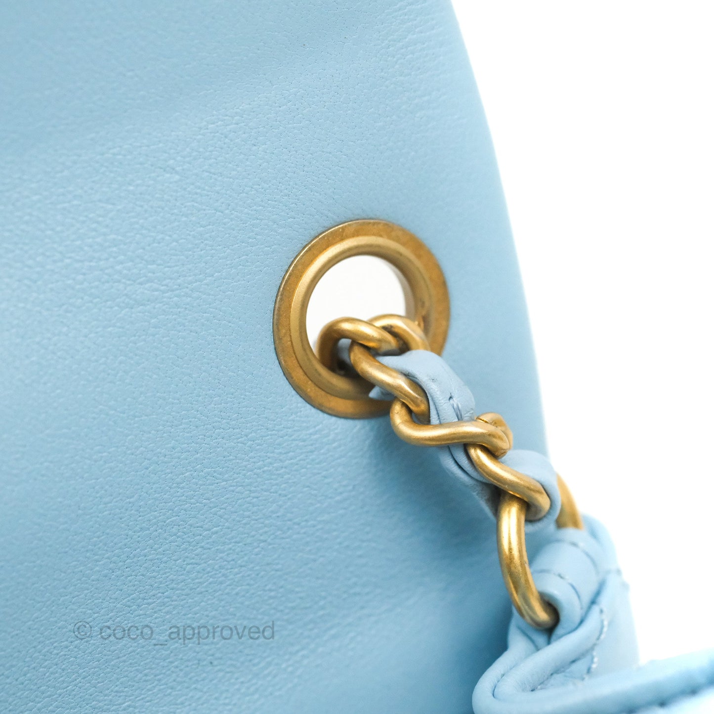 Chanel Mini Square Pearl Crush Light Blue Lambskin Aged Gold Hardware
