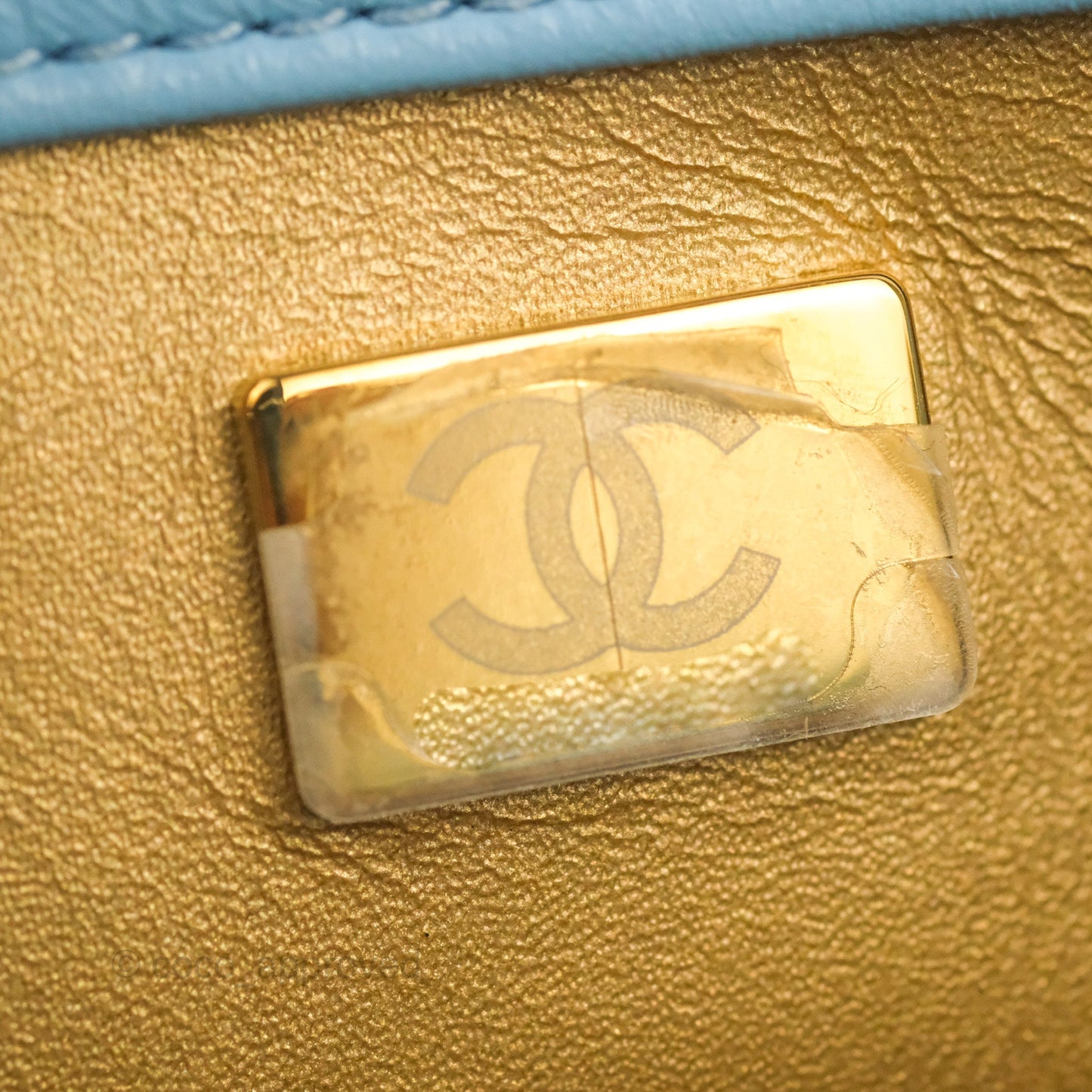 Chanel Mini Square Pearl Crush Light Blue Lambskin Aged Gold Hardware