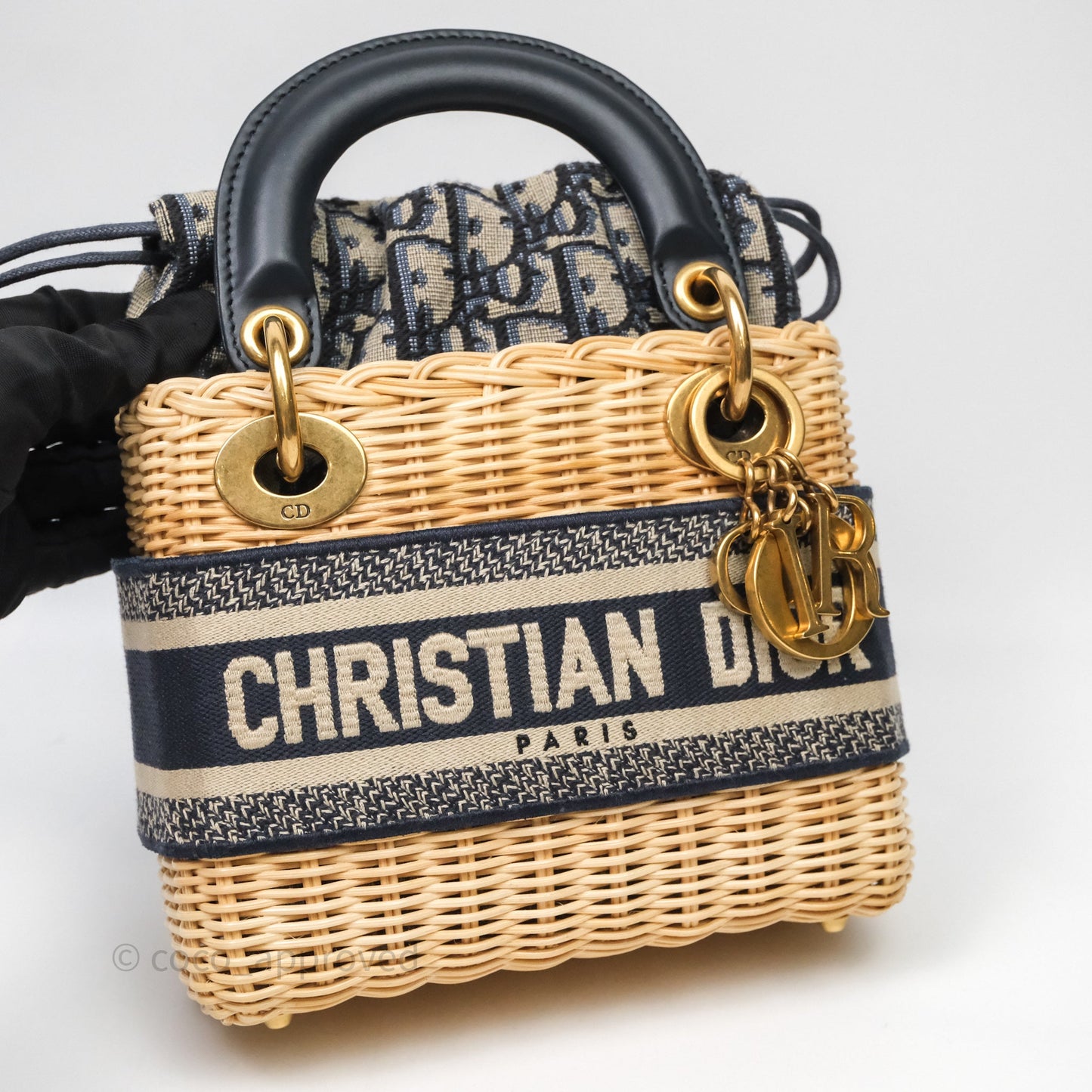 Christian Dior Small Lady Dior Natural Rattan and Blue Dior Oblique Jacquard