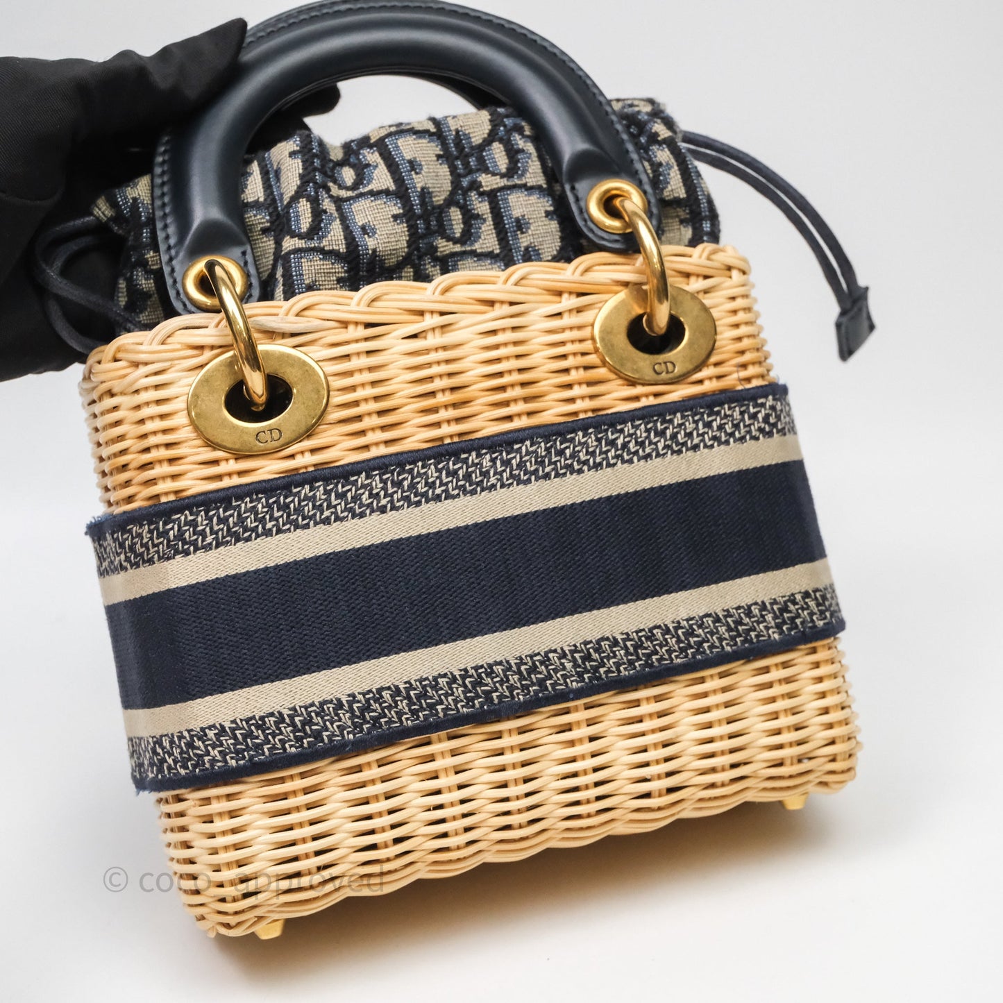 Christian Dior Small Lady Dior Natural Rattan and Blue Dior Oblique Jacquard