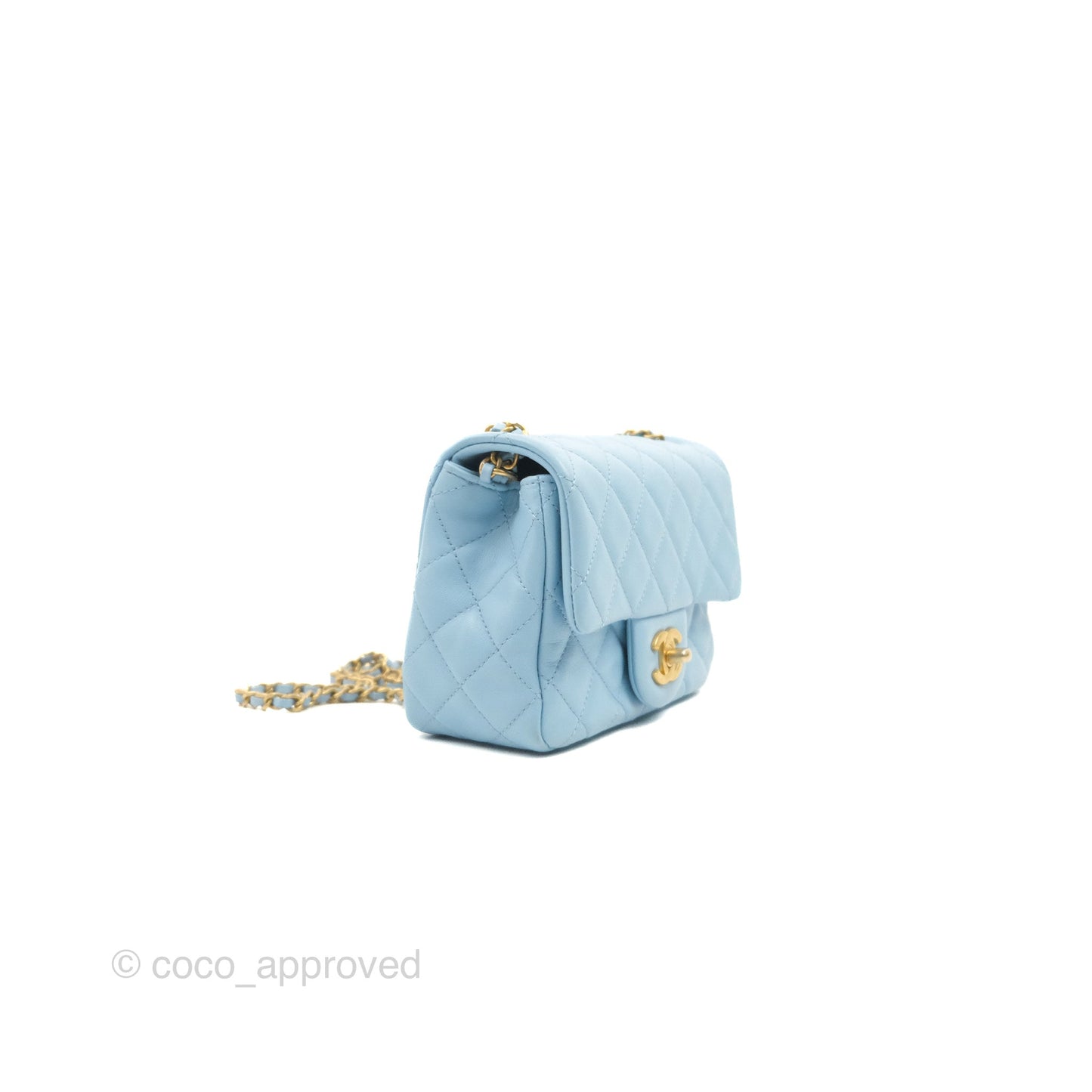 Chanel Mini Square Pearl Crush Light Blue Lambskin Aged Gold Hardware