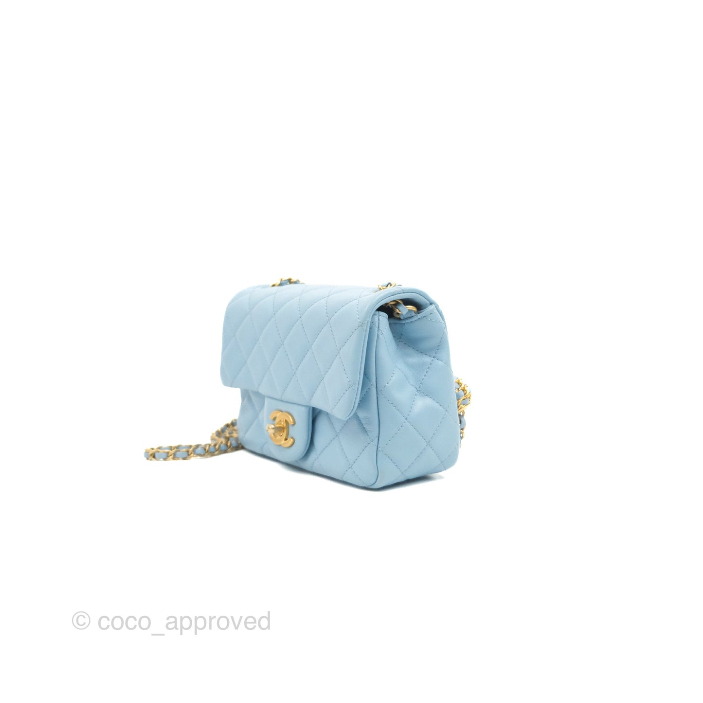 Chanel Mini Square Pearl Crush Light Blue Lambskin Aged Gold Hardware