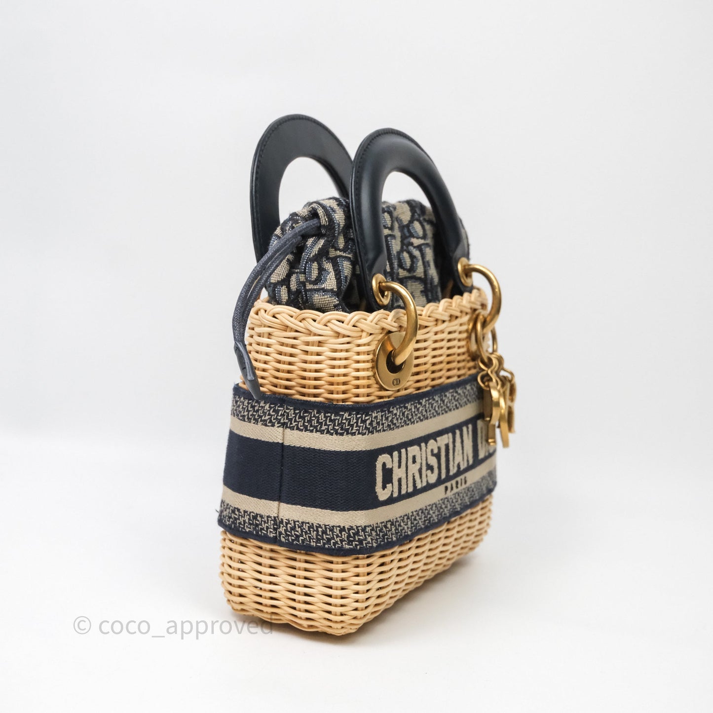 Christian Dior Small Lady Dior Natural Rattan and Blue Dior Oblique Jacquard