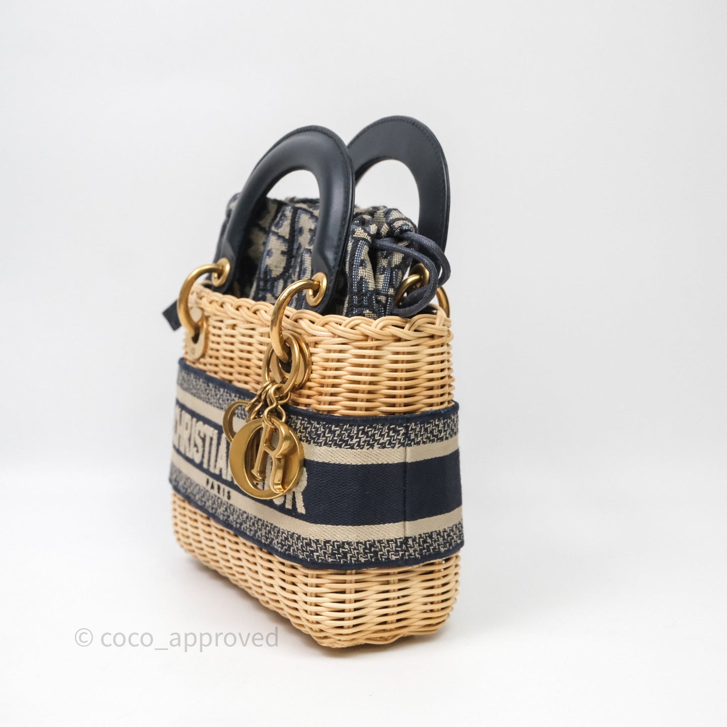 Christian Dior Small Lady Dior Natural Rattan and Blue Dior Oblique Jacquard