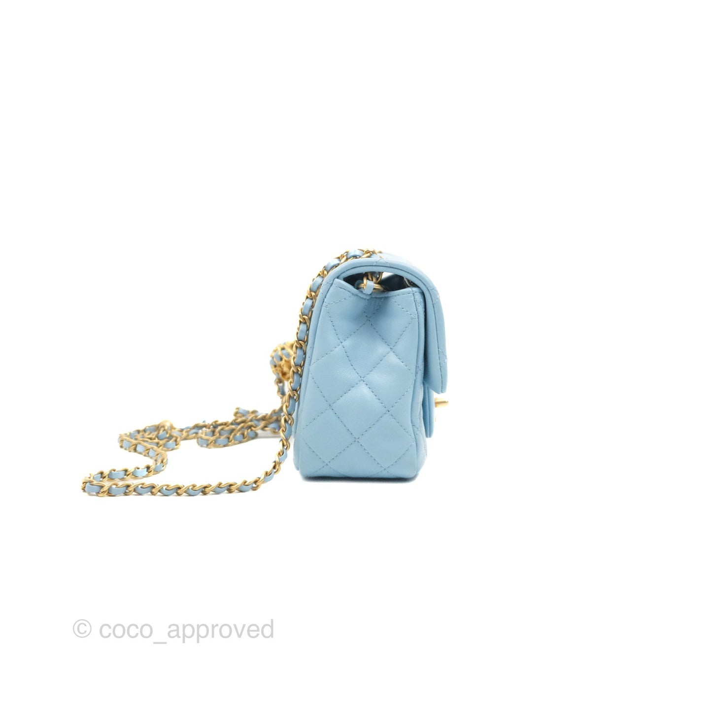 Chanel Mini Square Pearl Crush Light Blue Lambskin Aged Gold Hardware