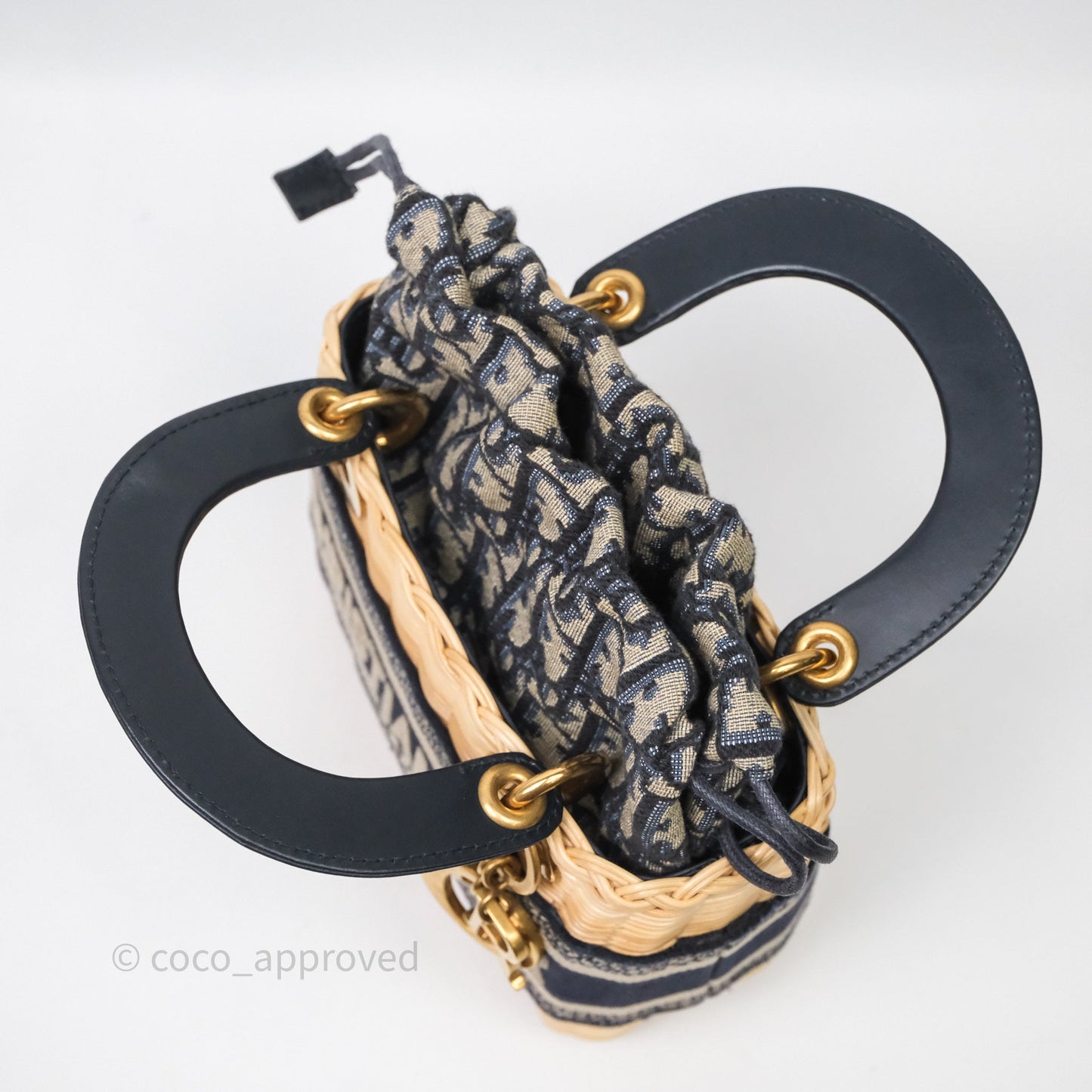 Christian Dior Small Lady Dior Natural Rattan and Blue Dior Oblique Jacquard