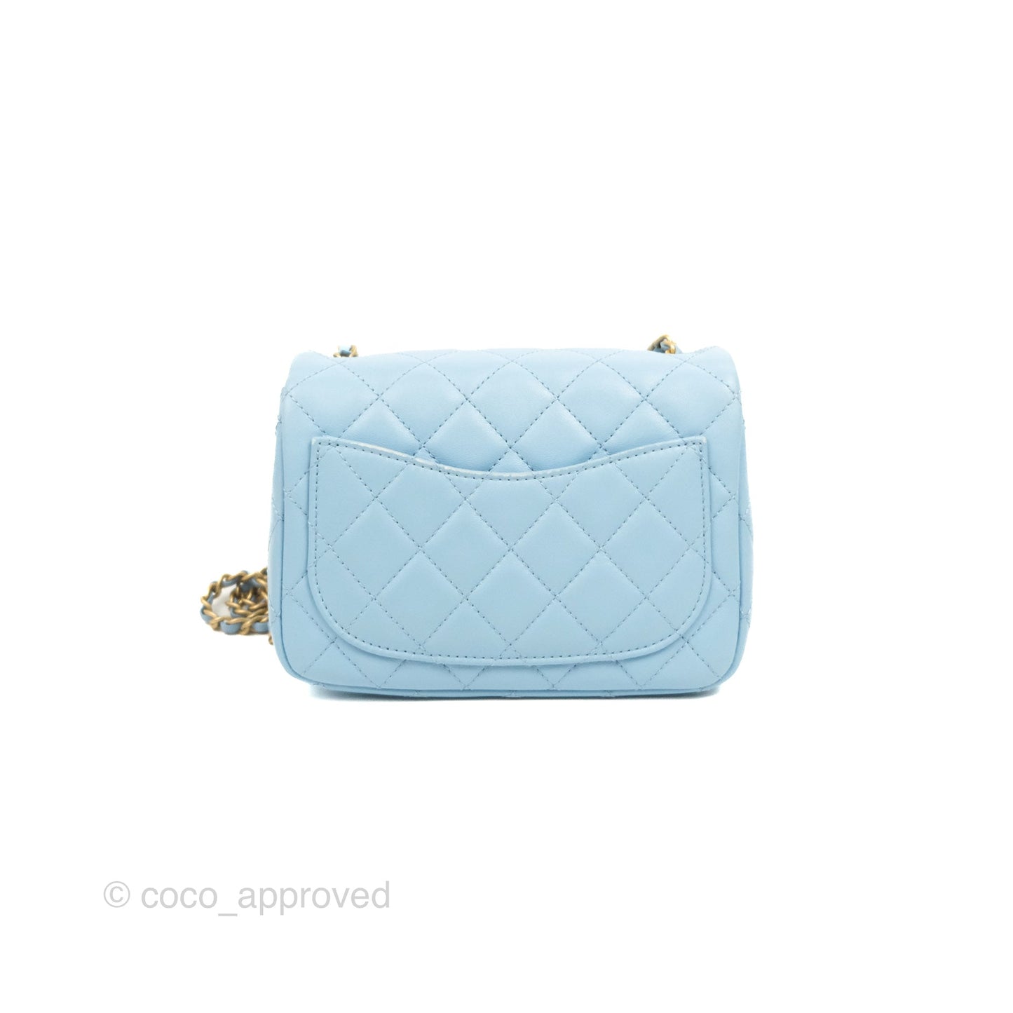 Chanel Mini Square Pearl Crush Light Blue Lambskin Aged Gold Hardware
