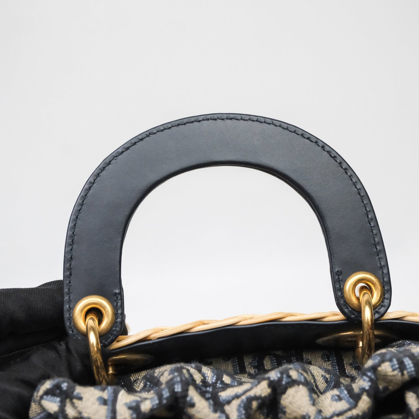Christian Dior Small Lady Dior Natural Rattan and Blue Dior Oblique Jacquard